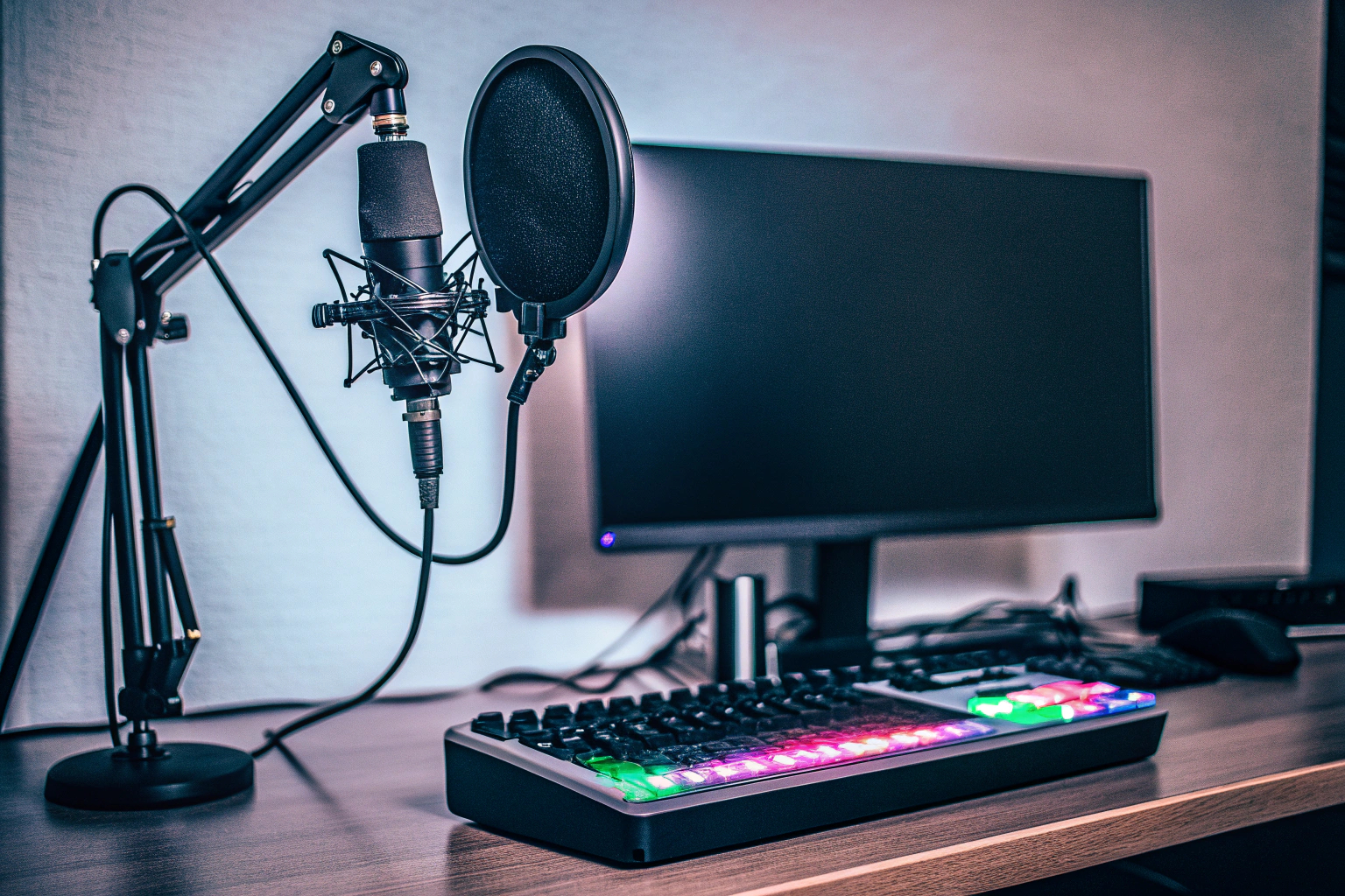 Ein modernes Streaming-Setup mit Mikrofon, Mixer und Computer. Streaming-Setup mit Mikrofon und Mixer