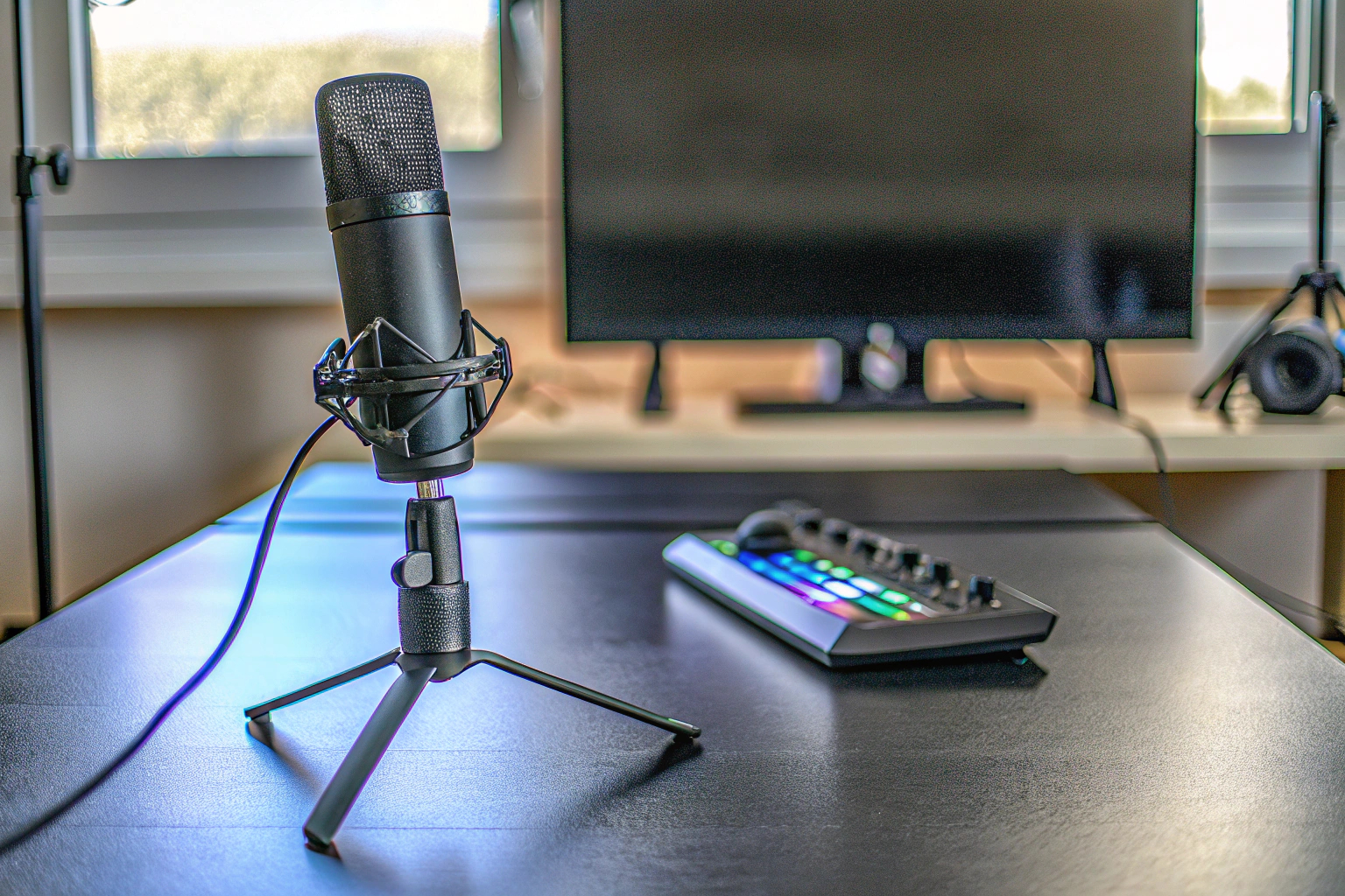 Ein modernes Streaming-Setup mit Mischpult, Mikrofon und Kamera. Streaming-Setup mit Mischpult