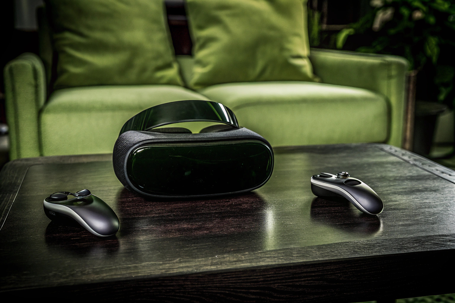 Ein modernes VR-Headset mit Controllern auf einem Tisch. Modernes VR-Headset