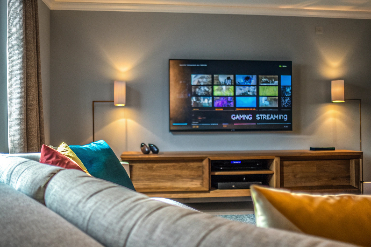 Ein modernes Wohnzimmer mit einem großen Fernseher, der eine Gaming-Streaming-Plattform zeigt. Wohnzimmer mit Streaming-Plattform