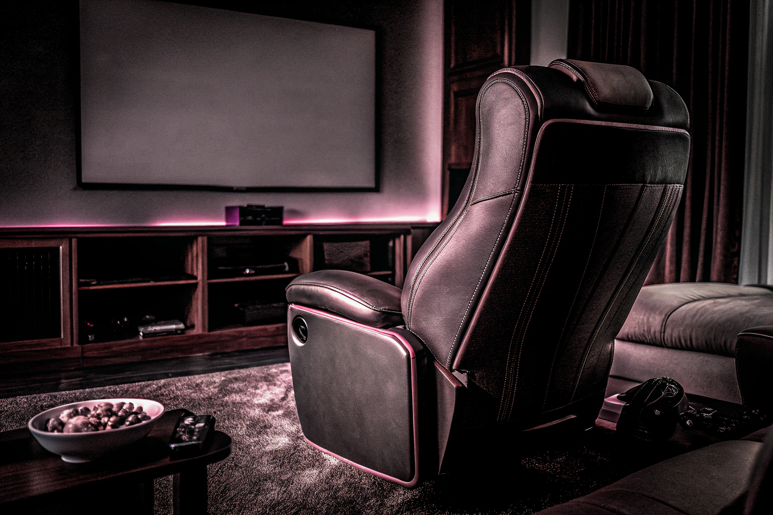 Ein modernes Wohnzimmer mit einem großen Fernseher und einer gemütlichen Streaming-Ecke. Moderne Streaming-Setup