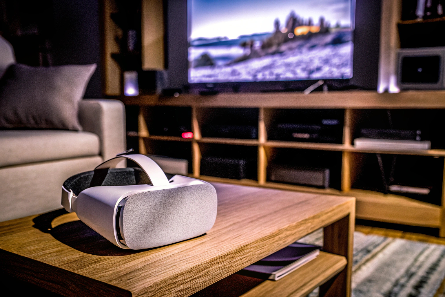 Ein modernes Wohnzimmer mit einer Person, die eine VR-Brille trägt und tief in die virtuelle Realität eintaucht. Person in virtueller Realität