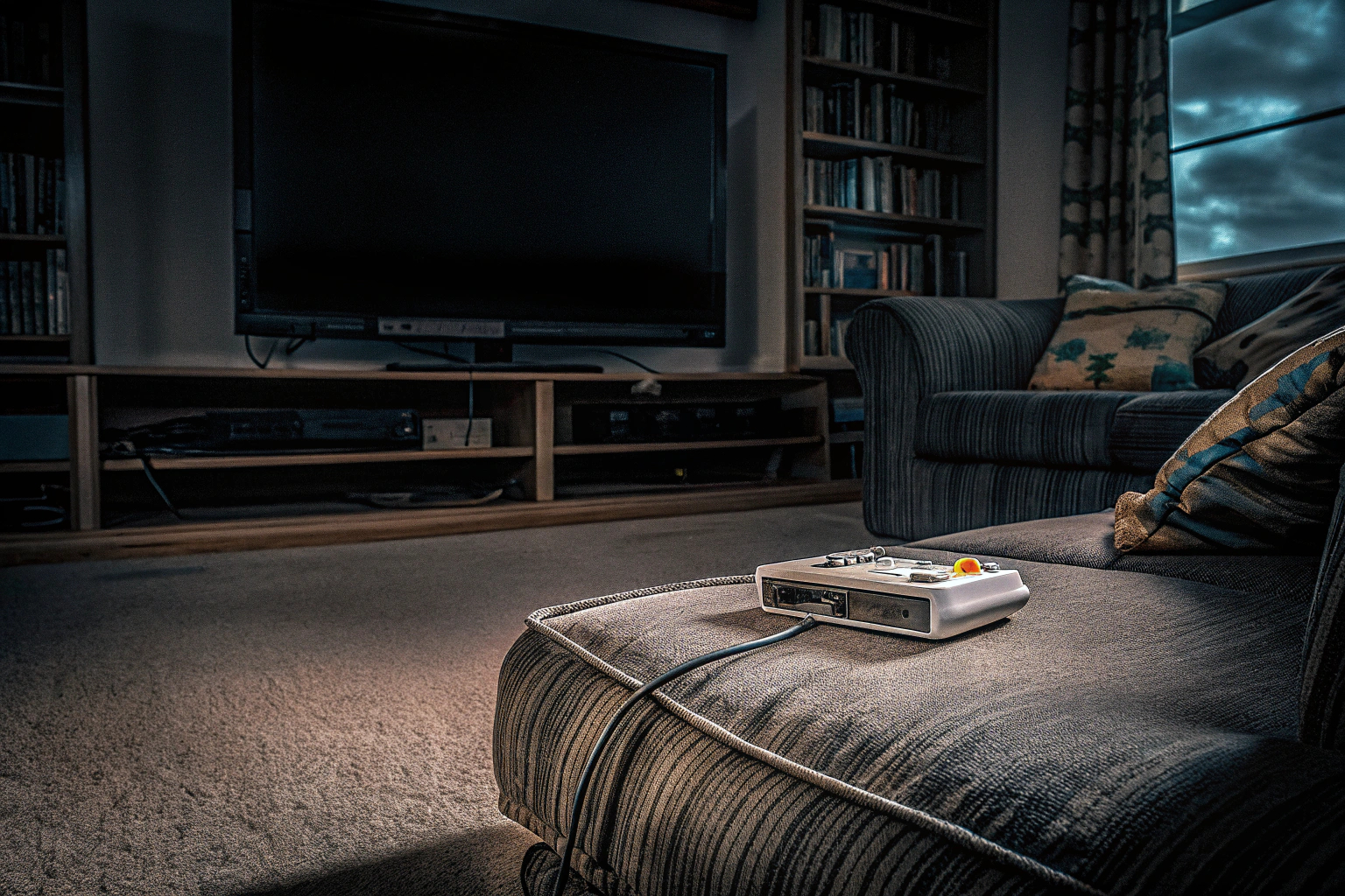 Ein modernes Wohnzimmer-Setup mit einer Retro-Konsole, die an einen großen Fernseher angeschlossen ist. Retro-Konsole im modernen Wohnzimmer