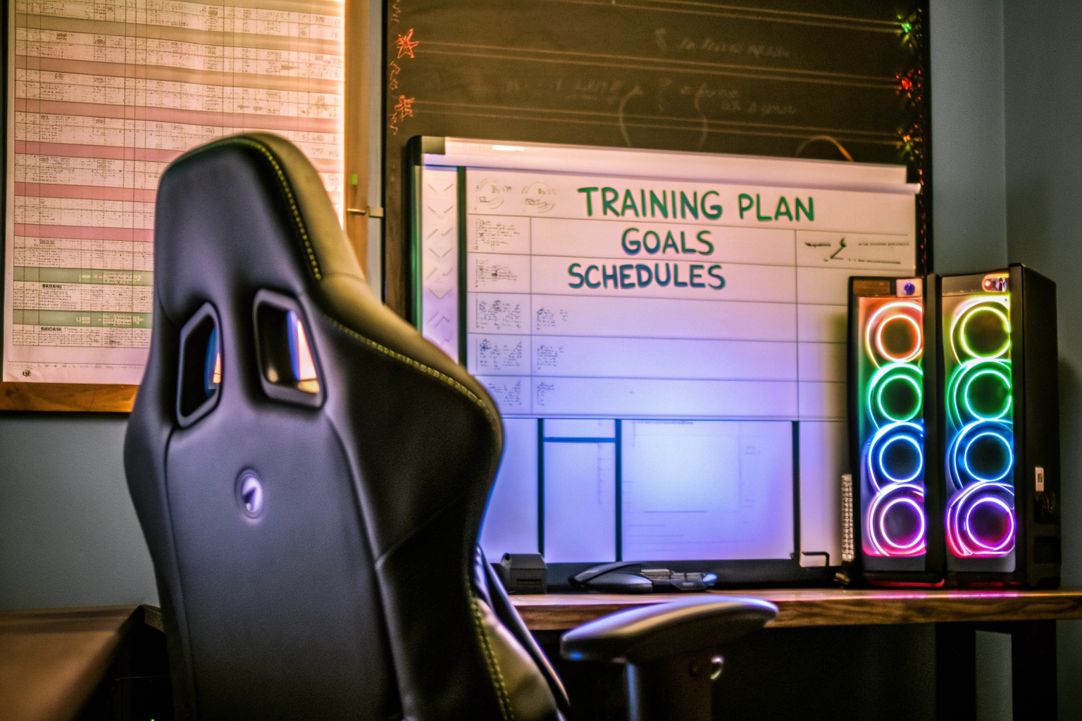Ein motivierter E-Sportler beim Training an seinem Computer mit einem strukturierten Plan im Hintergrund. E-Sportler beim Training