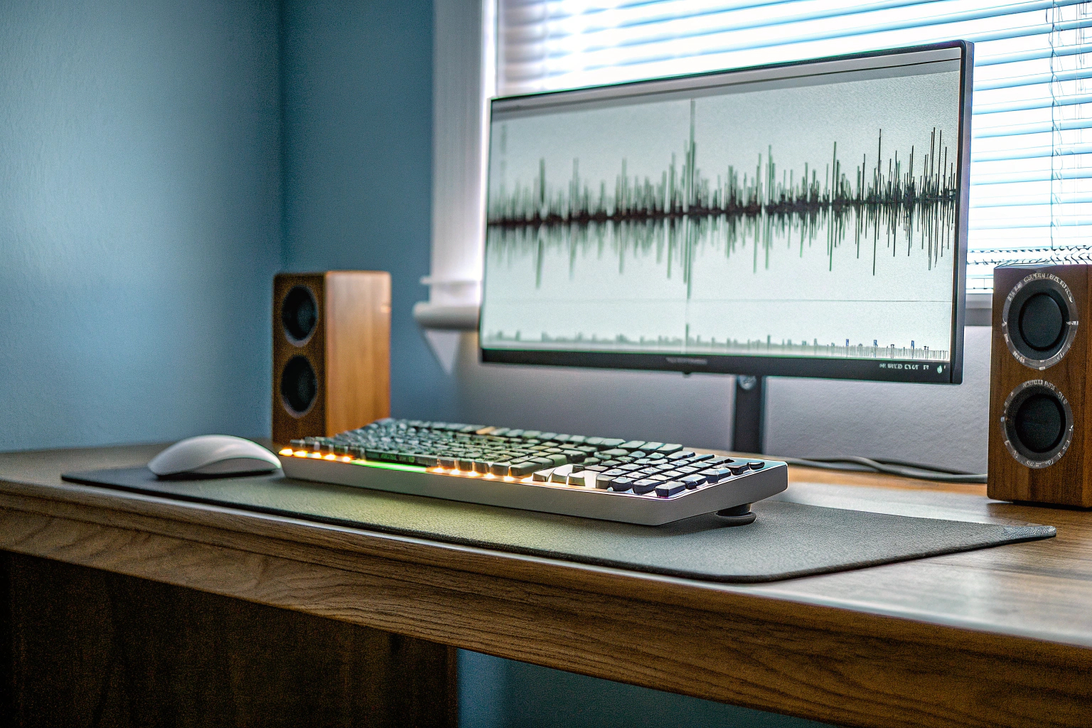 Ein Musikspektrum-Display, das visuelle Effekte in einem Gaming-Setup zeigt Musikspektrum-Display in einem Gaming-Setup