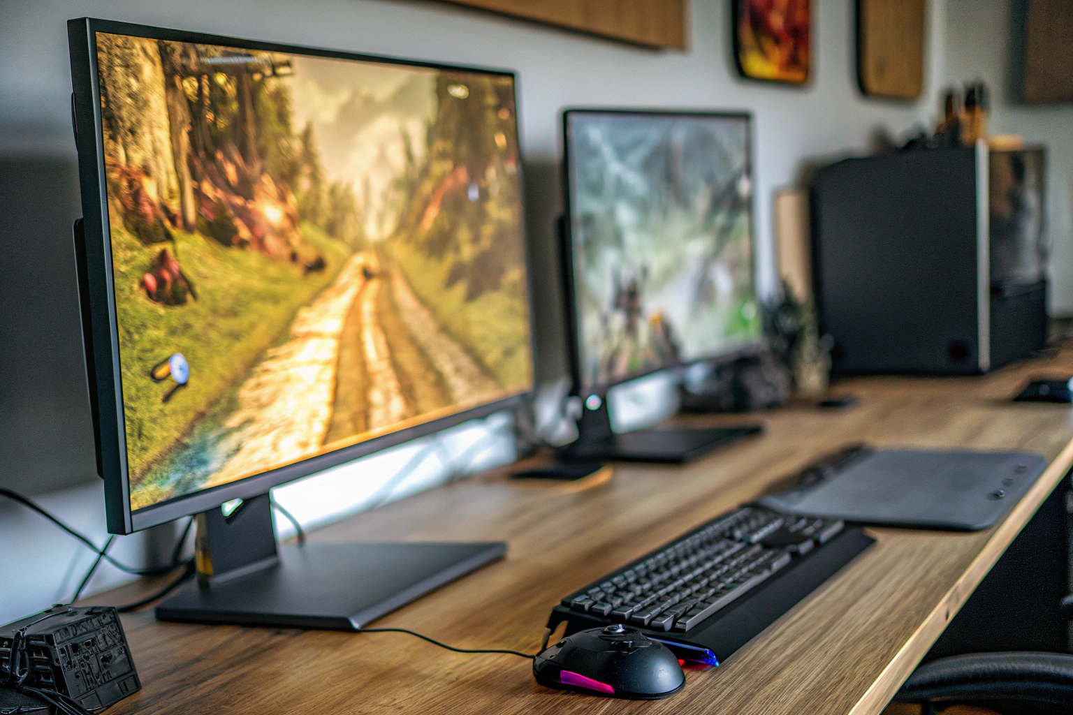 Ein Nutzer, der an seinem Gaming-PC arbeitet, mit einem Monitor-Setup, das mehrere Displays umfasst. Gaming-PC mit Multimonitor-Setup