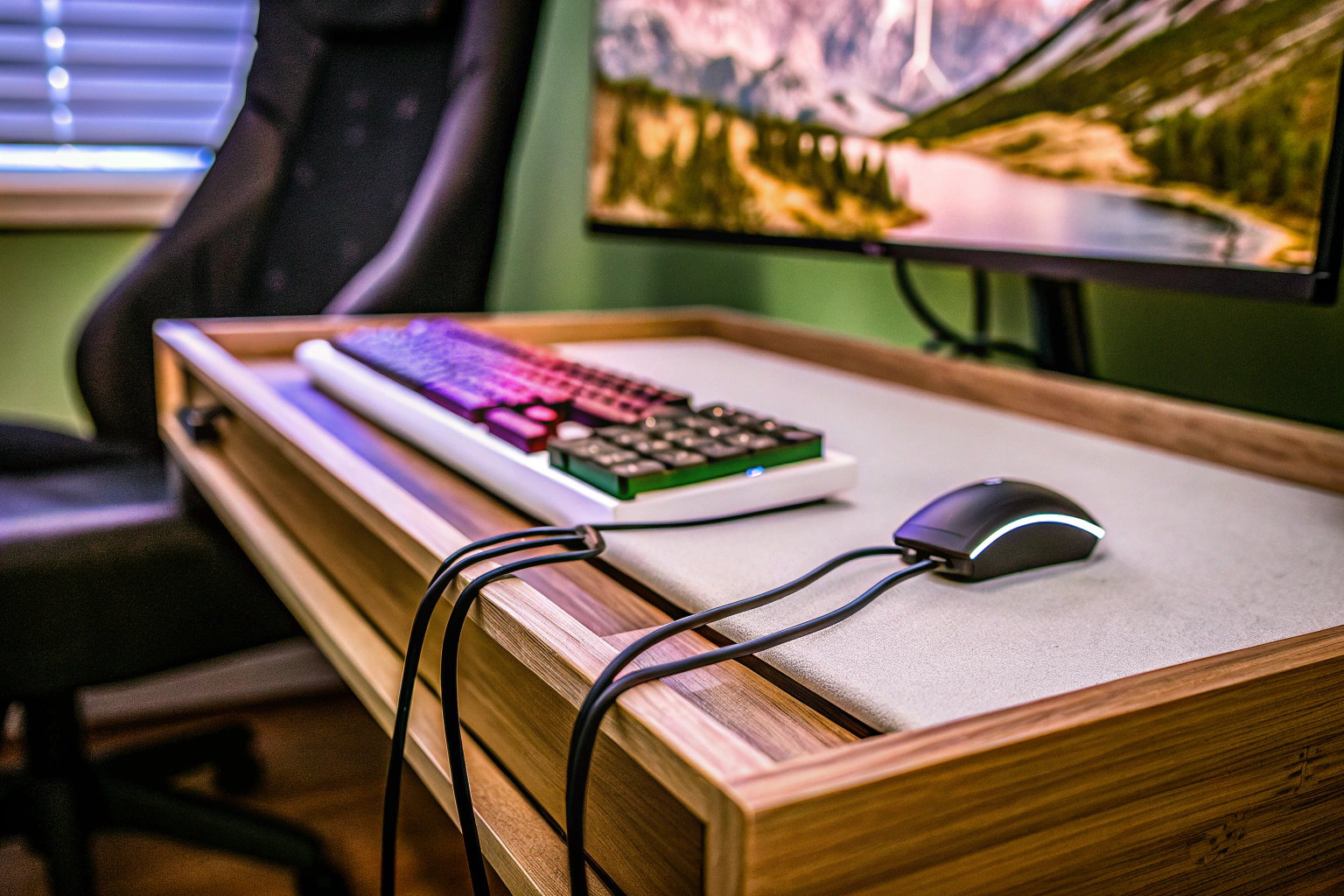 Ein ordentlich organisierter Gaming-Schreibtisch mit Kabelhaltern, die alle Kabel sauber an ihrem Platz halten. Organisierter Gaming-Schreibtisch