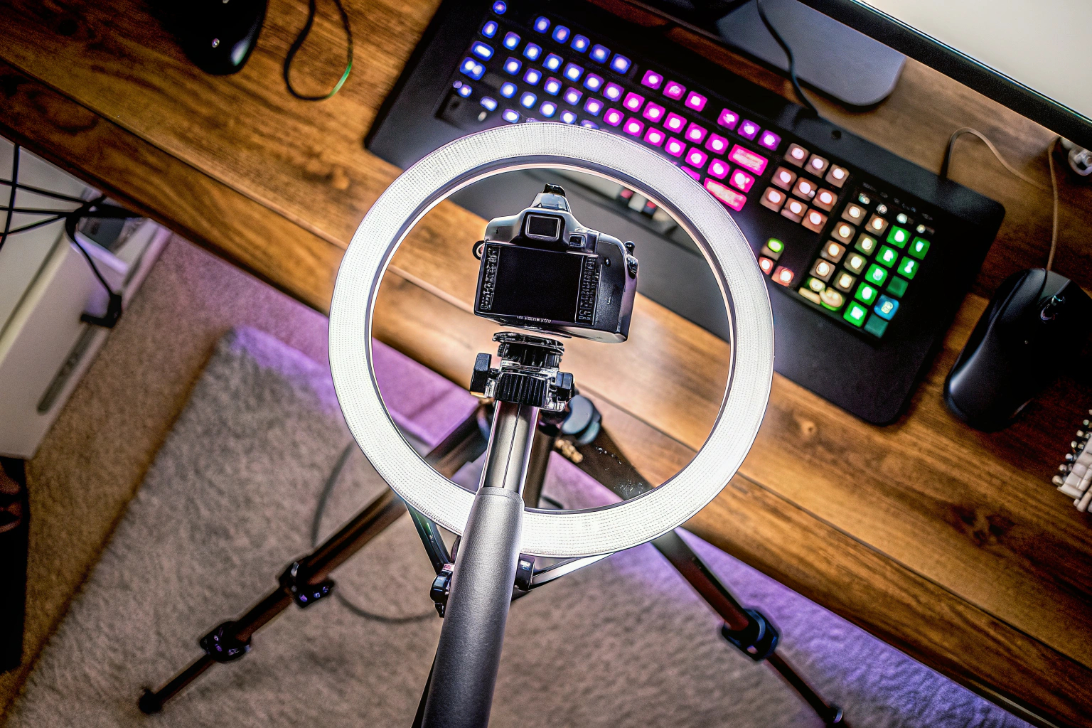 Ein Overhead-Stativ mit Ringlicht, das für die Aufnahme von Gaming-Inhalten verwendet wird. Overhead-Stativ mit Ringlicht