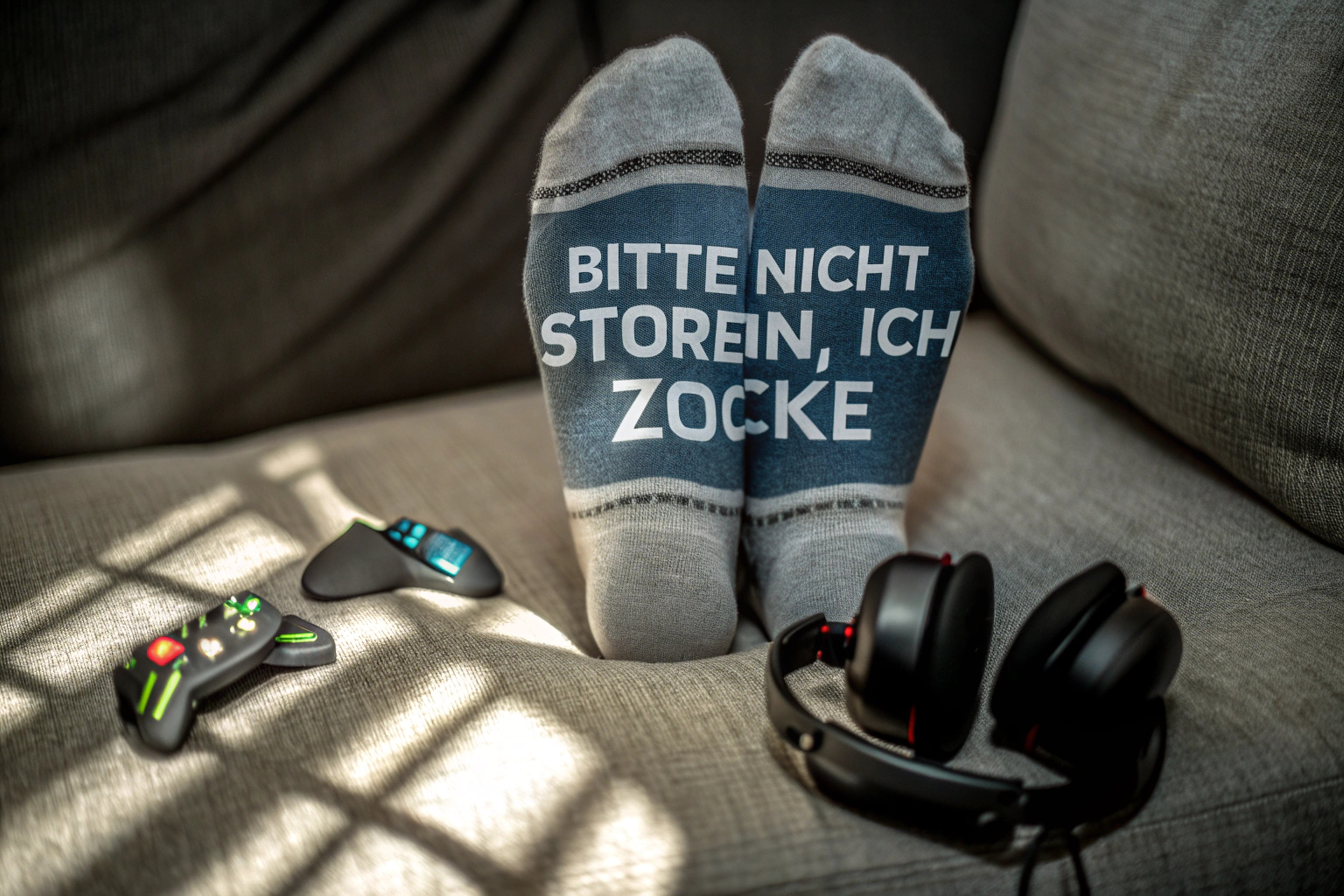 Ein Paar Gamer Socken mit dem Aufdruck „Bitte nicht stören, ich zocke“. Gamer Socken Bitte nicht stören