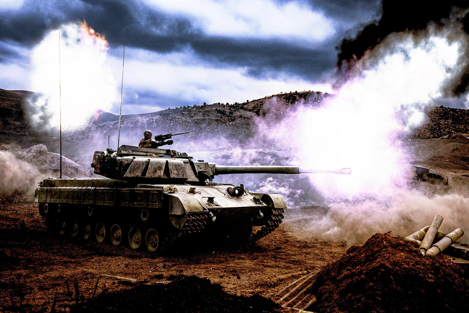 Ein Panzer in einer intensiven Schlacht auf dem Schlachtfeld von Modern Assault Tanks. Panzer in Schlacht