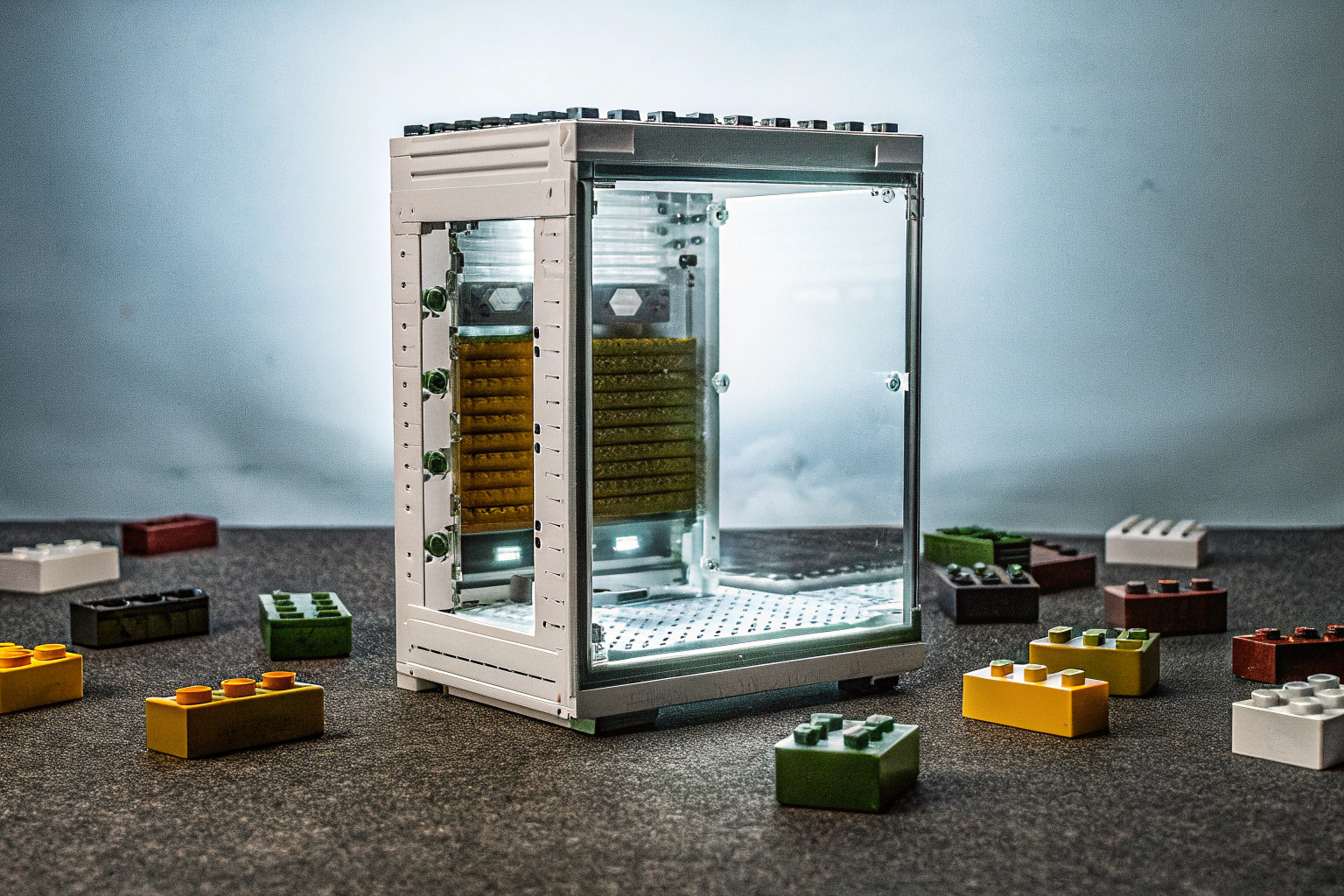 Ein PC-Gehäuse aus Klemmbausteinen, das Technik und Kreativität verbindet. PC-Gehäuse aus Klemmbausteinen