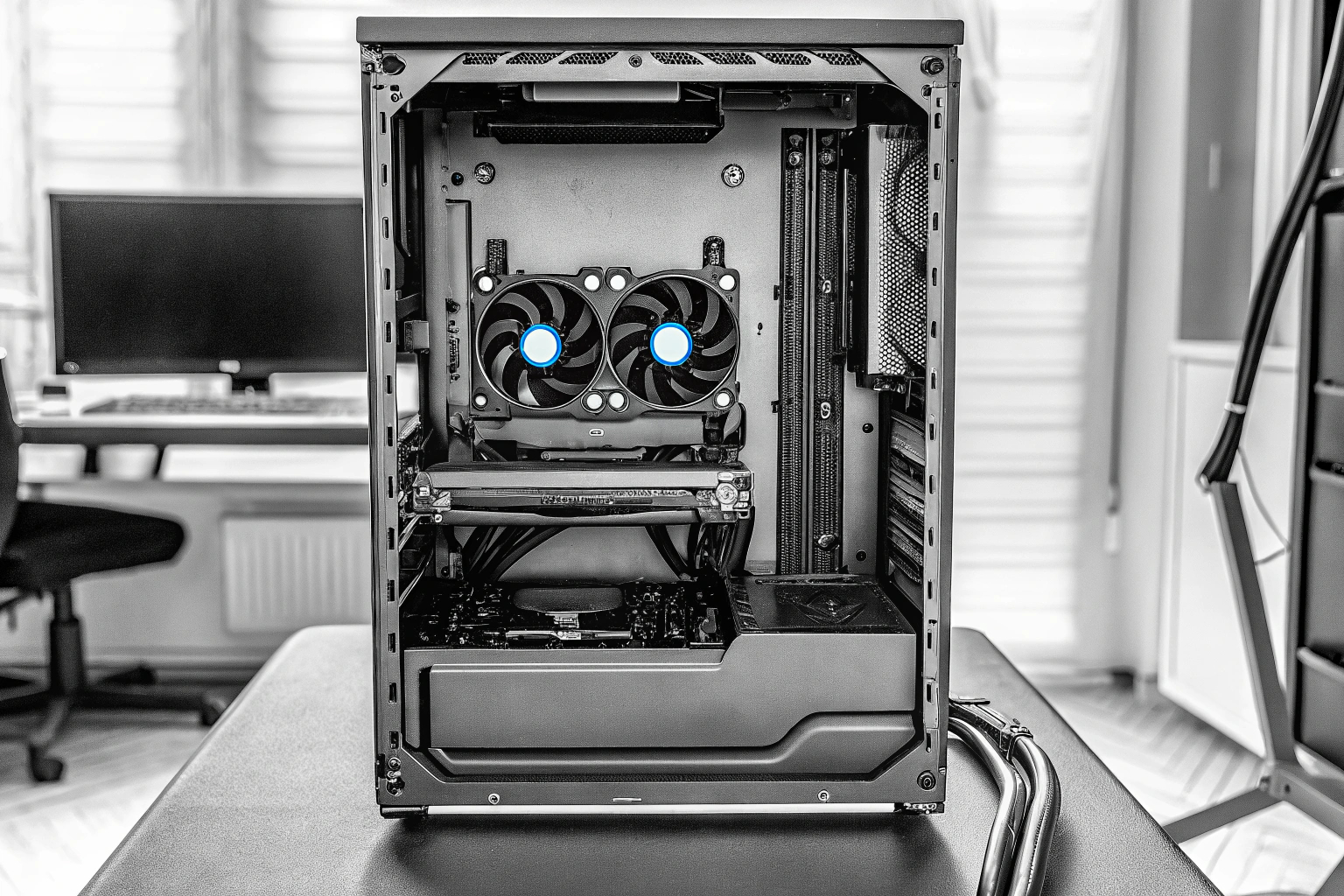 Ein PC-Gehäuse, das zur besseren Übersicht geöffnet ist, um die Anordnung der Komponenten zu zeigen. Offenes PC-Gehäuse mit Komponenten