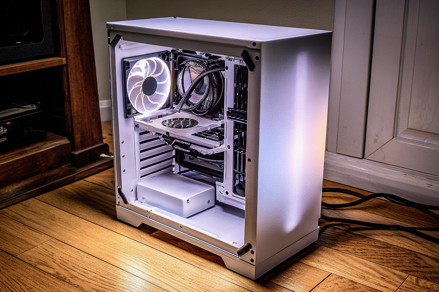 Ein PC-Gehäuse mit durchdachtem Kabelmanagement, das ein aufgeräumtes Innenleben zeigt. PC-Gehäuse mit Kabelmanagement