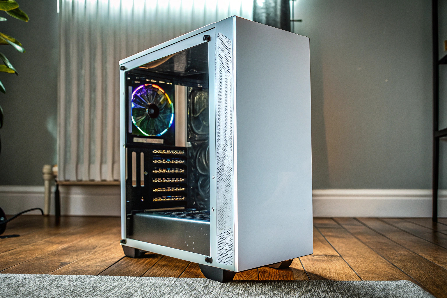 Ein PC-Gehäuse mit einer beleuchteten High-End-Grafikkarte. High-End-Grafikkarte im PC