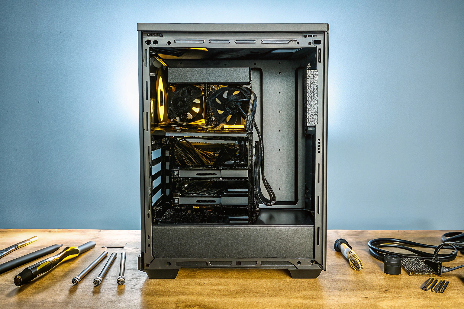 Ein PC-Gehäuse mit geöffnetem Seitenteil, das die interne Struktur und die Komponenten zeigt. Offenes PC-Gehäuse