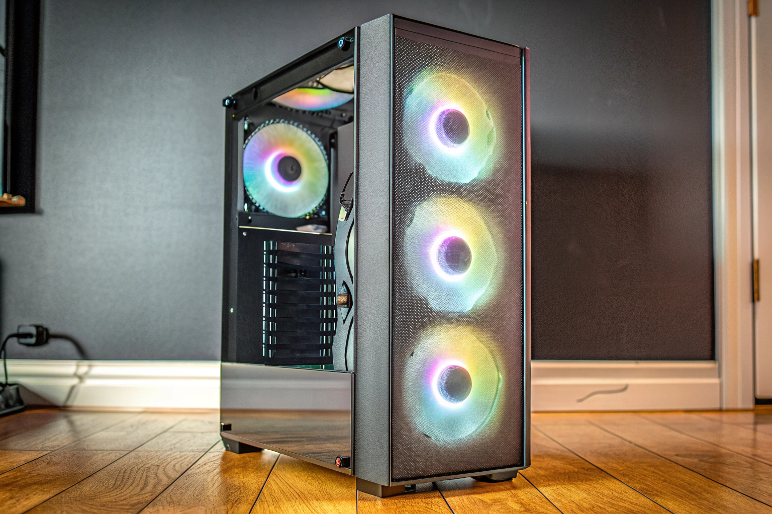 Ein PC-Gehäuse mit mehreren installierten Lüftern und RGB-Beleuchtung PC-Gehäuse mit Lüftern und RGB