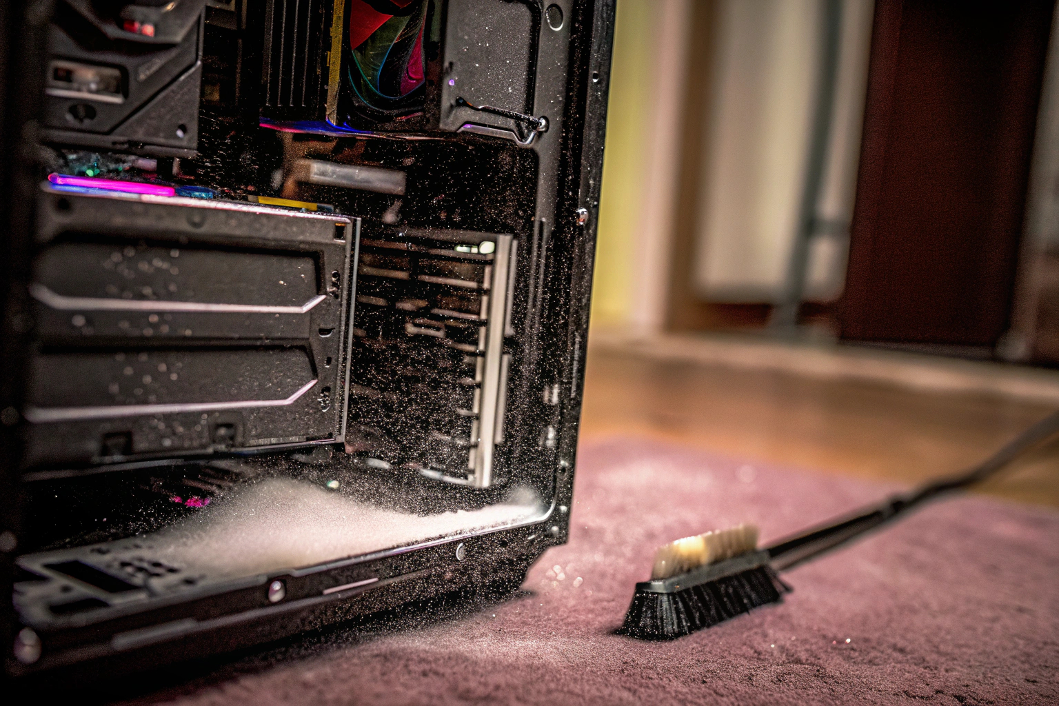 Ein PC mit geöffnetem Gehäuse zur Reinigung, um die Leistung zu verbessern. PC-Reinigung zur Leistungsverbesserung