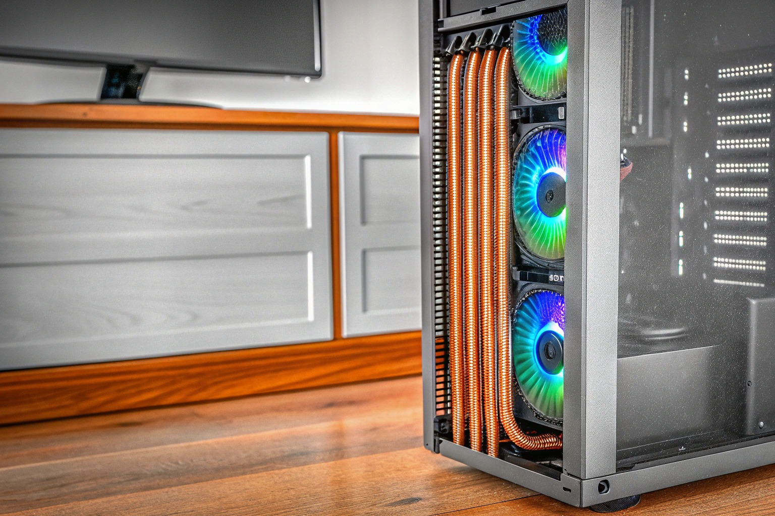 Ein PC mit offenem Gehäuse, das die Kühlungskomponenten gut sichtbar zeigt. Gaming-PC mit offenem Gehäuse und sichtbarer Kühlung