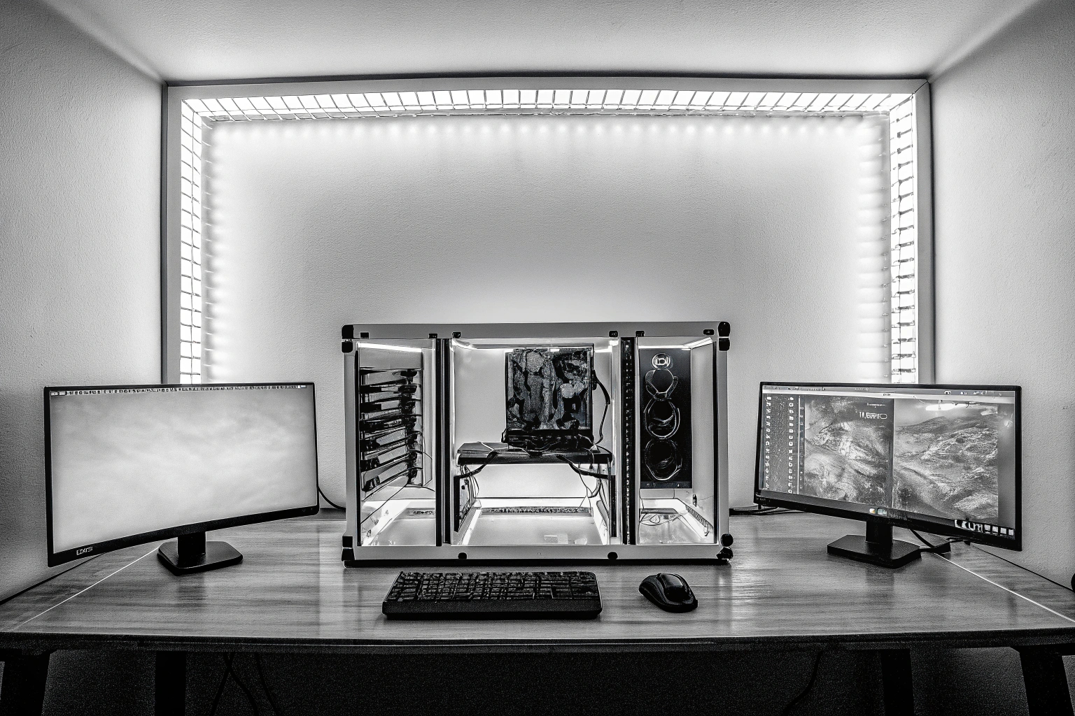 Ein PC-Setup mit mehreren Monitoren und einer leistungsstarken Grafikkarte im Einsatz. PC-Setup mit leistungsstarker Grafikkarte