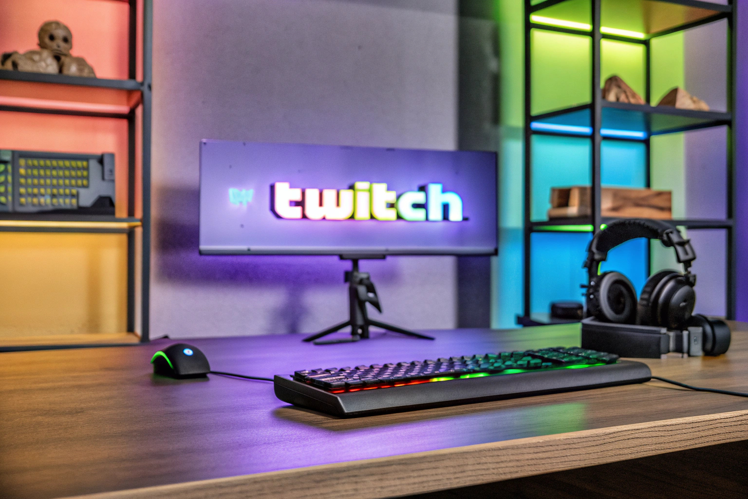 Ein personalisiertes Neonlicht in einem Gaming-Raum, das den Twitch-Benutzernamen darstellt. Personalisiertes Neonlicht im Gaming-Raum