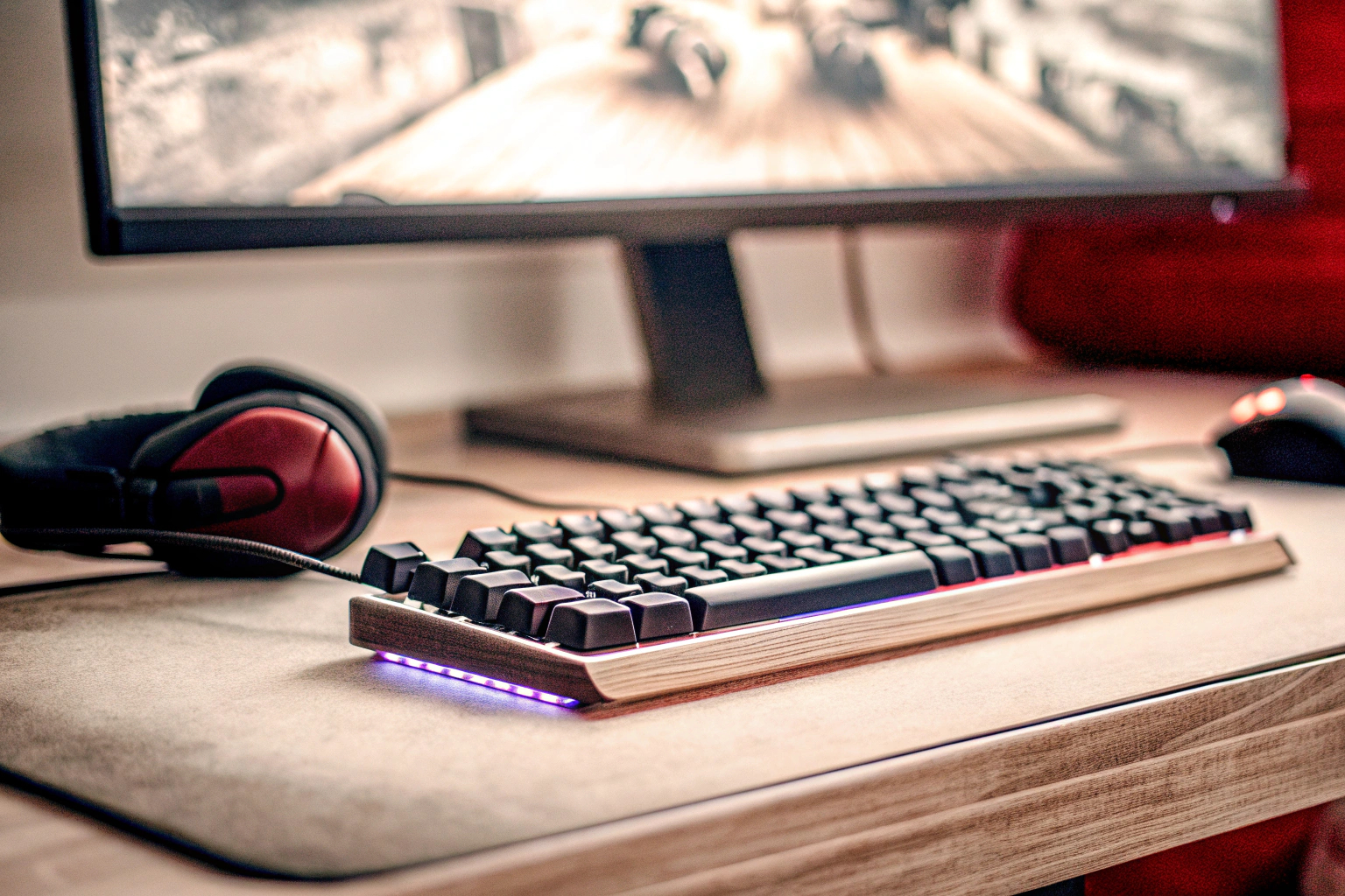 Ein professioneller Gamer, der konzentriert auf einen Monitor schaut, während er auf einer ergonomischen Tastatur spielt. Gamer mit ergonomischer Tastatur