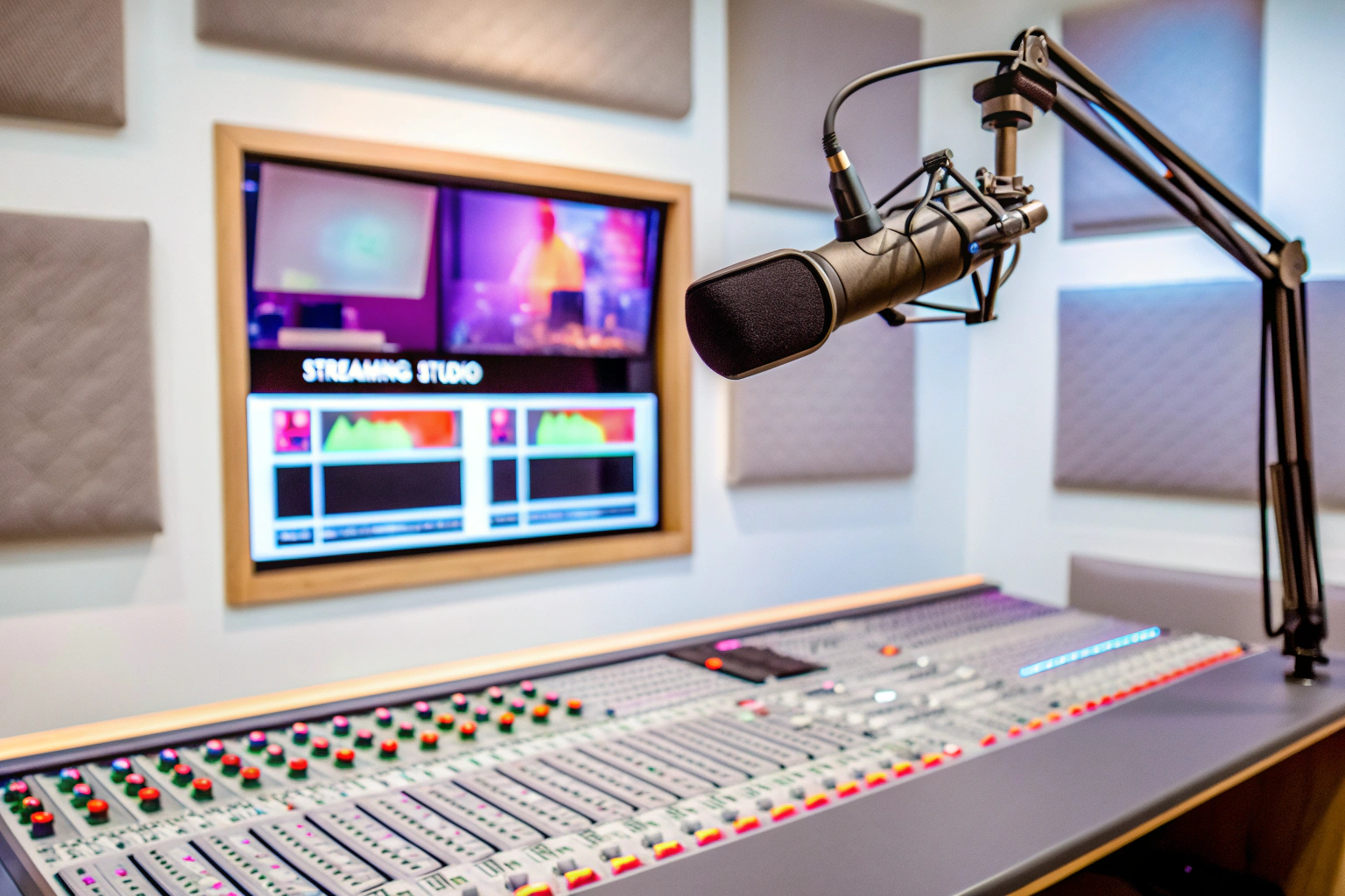 Ein professioneller Streamer in seinem Studio mit Mikrofon und Mischpult Professioneller Streamer mit Mikrofon und Mischpult