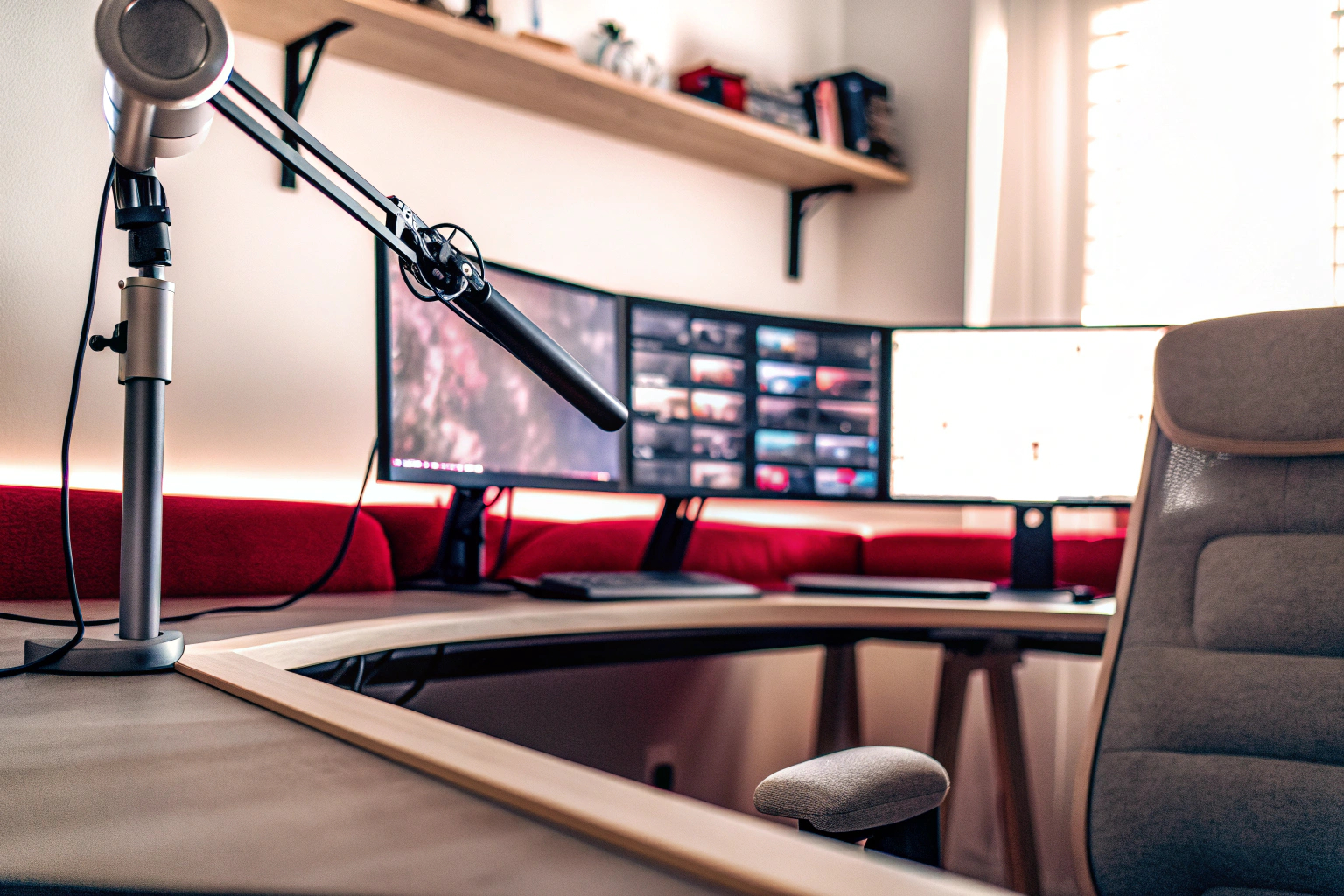 Ein professionelles Streaming-Setup mit mehreren Bildschirmen und Mikrofon Professionelles Streaming-Setup