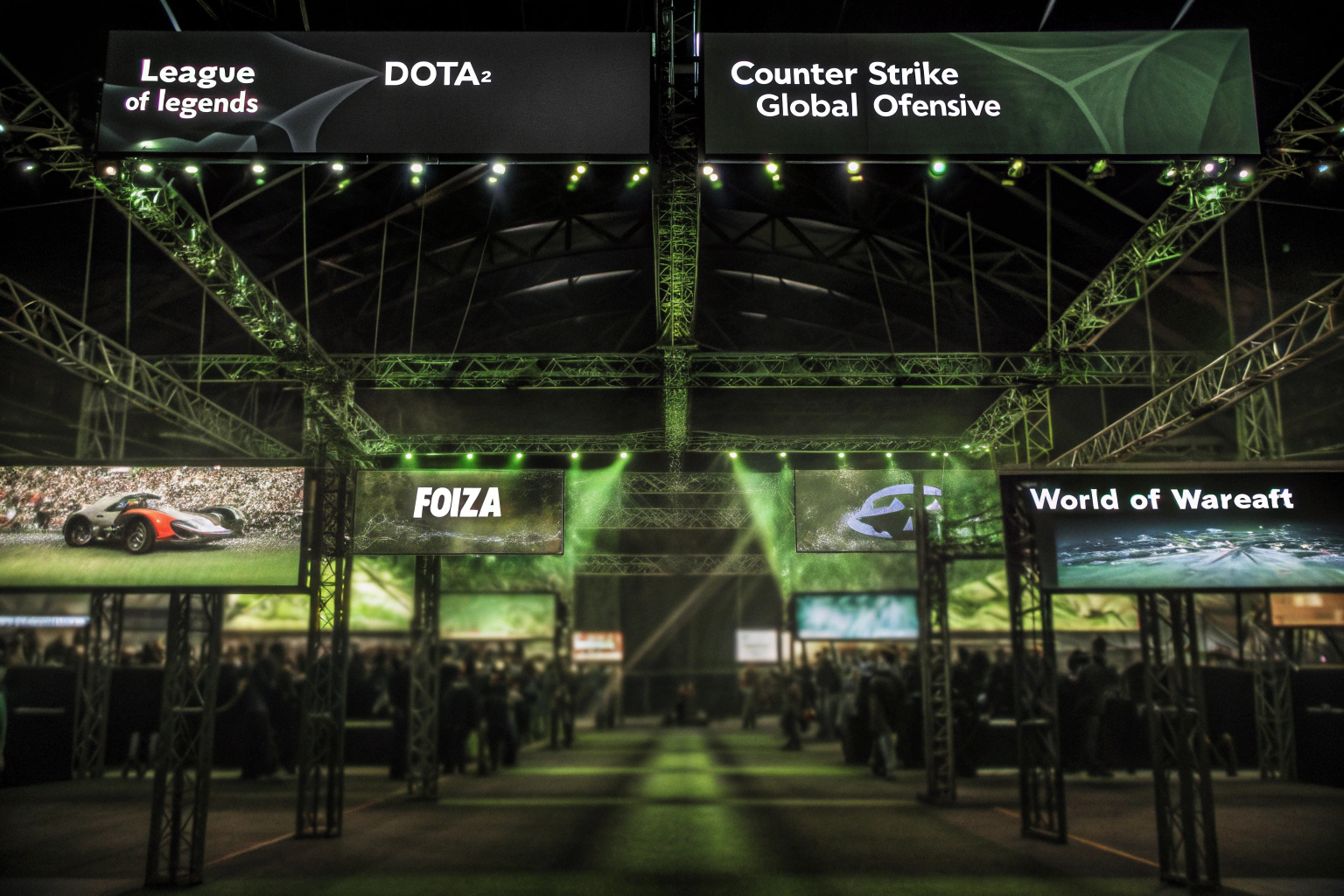 Ein Querschnitt verschiedener eSports-Events, zeigt eine Vielzahl von Genres und Spielen. Verschiedene eSports-Events