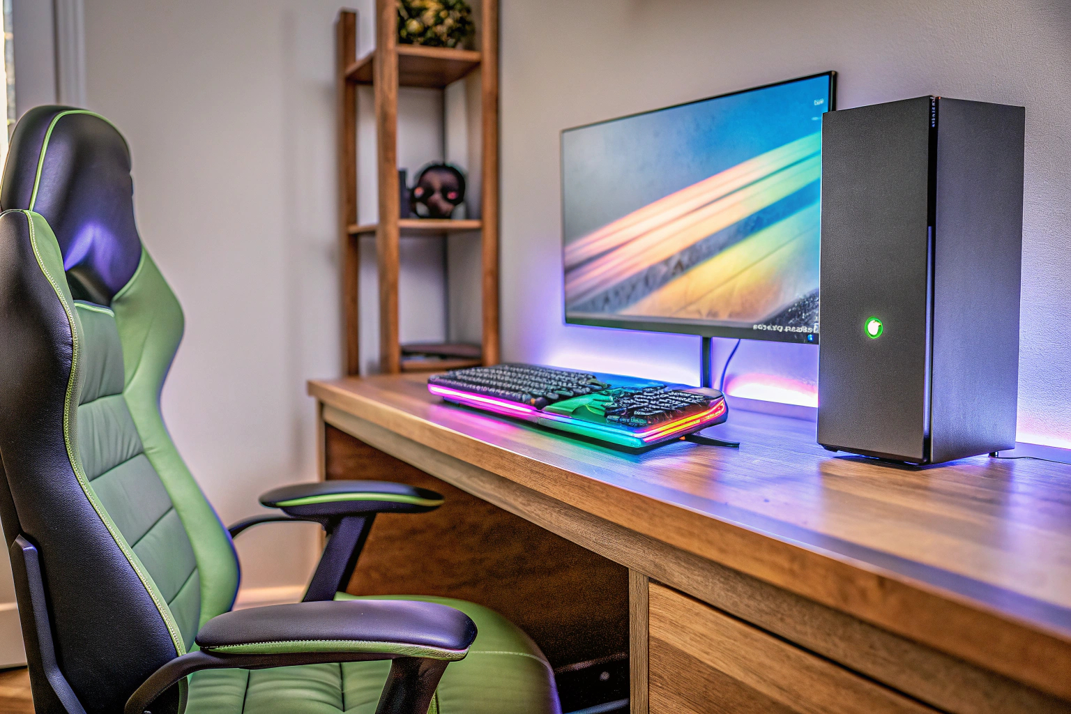 Ein raffiniertes Gaming-Setup mit beleuchtetem PC, RGB-Tastatur und einer gemütlichen Umgebung. Gaming-Setup mit RGB-Beleuchtung