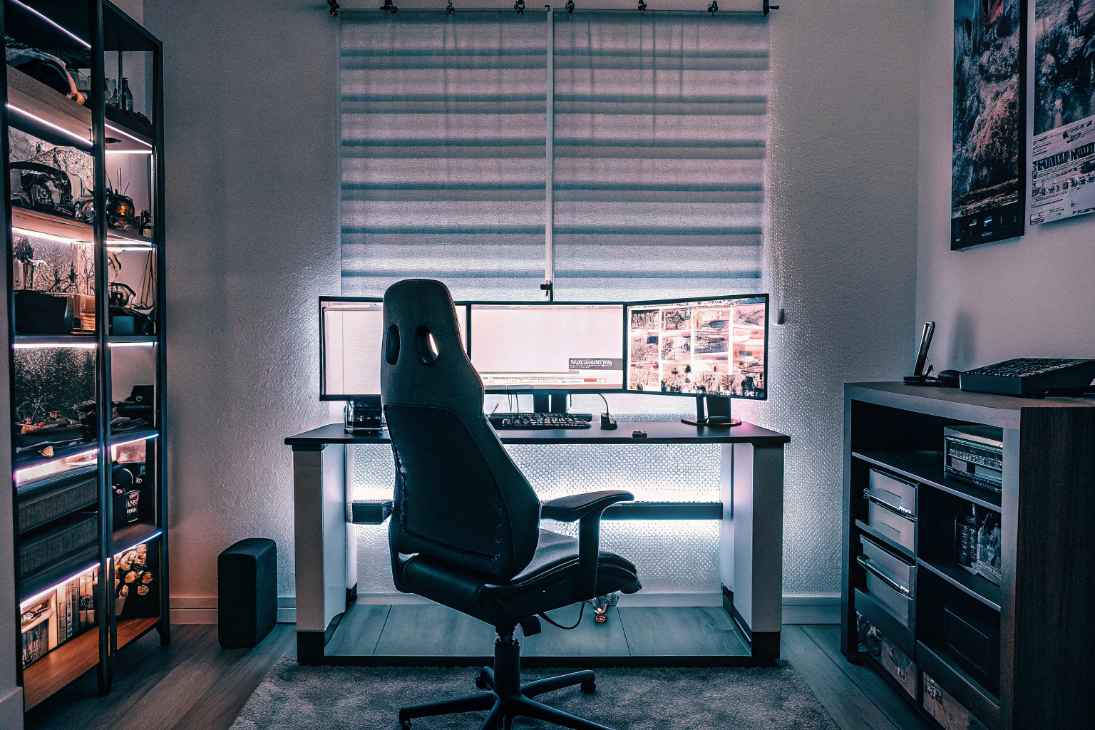Ein Raum mit einem perfekt eingerichteten Gaming-Setup, einschließlich LED-Beleuchtung und ergonomischem Stuhl. Perfektes Gaming-Setup