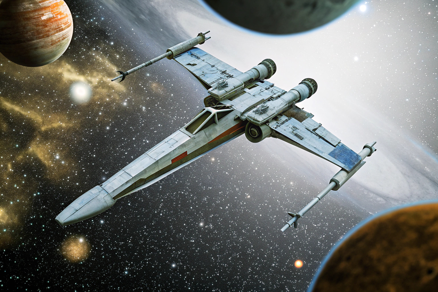 Ein Raumschiff fliegt durch eine atemberaubende galaktische Landschaft in Star Wars Outlaws. Star Wars Outlaws Raumschiff