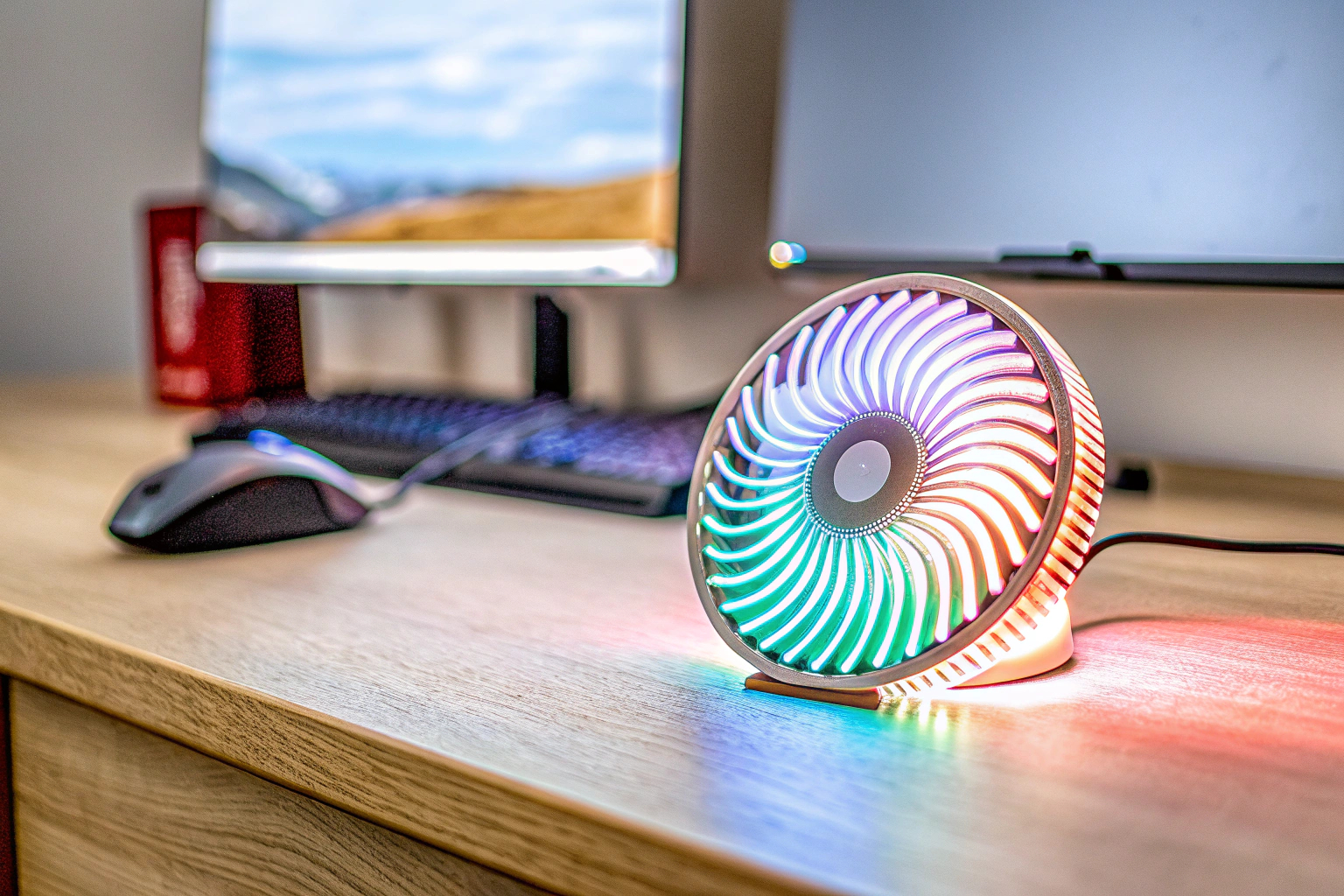 Ein RGB-Tischventilator, der auf einem Gaming-Schreibtisch steht und eine bunte Beleuchtung bietet. RGB Tischventilator auf Gaming-Schreibtisch