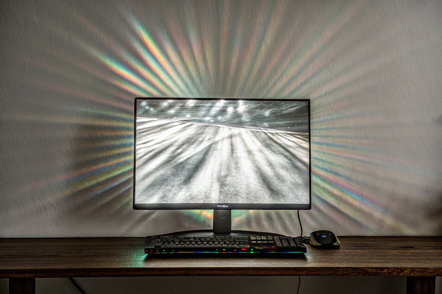Ein Samsung Odyssey G55C Monitor auf einem Gaming-Setup mit RGB-Beleuchtung. Samsung Odyssey G55C Gaming Monitor