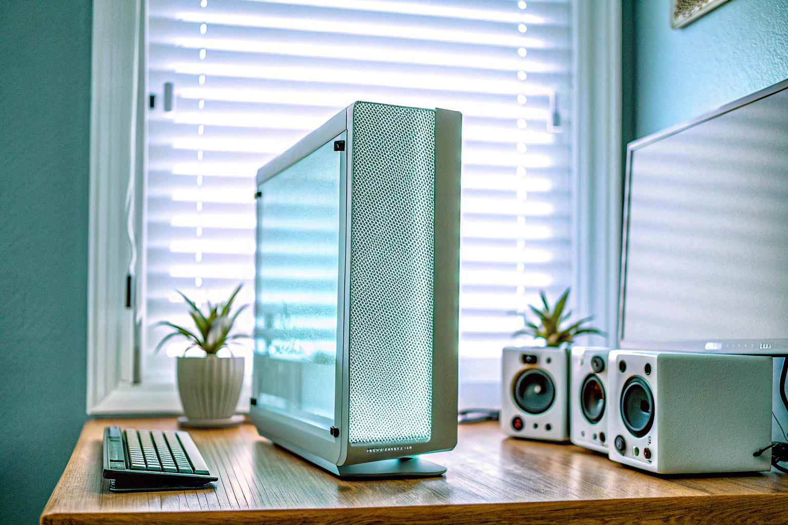Ein Schreibtisch mit einem PC und hochwertigem Audio-Equipment, einschließlich einer Soundkarte. PC und Audio-Equipment
