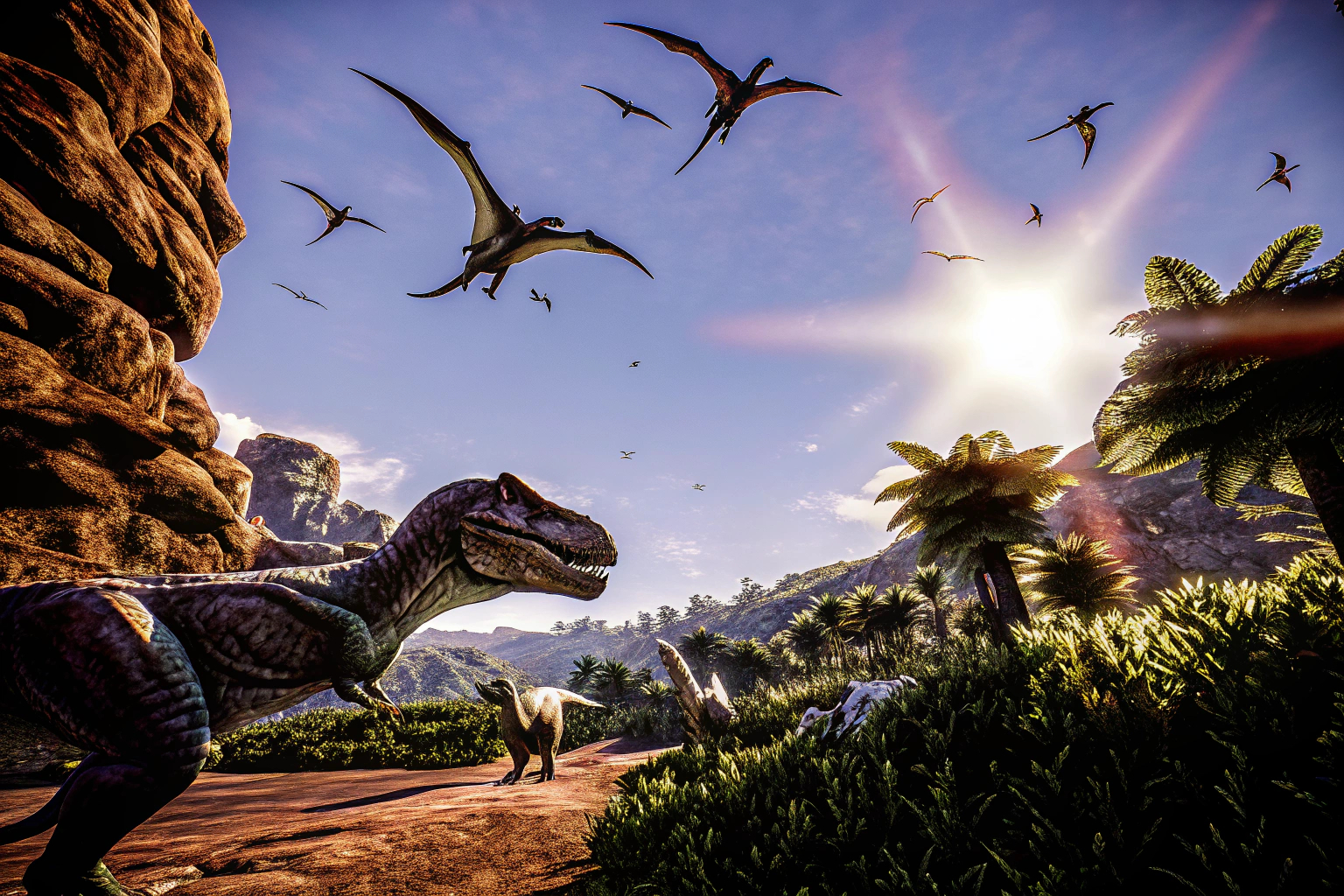 Ein Screenshot aus ARK: Survival Ascended, der die beeindruckende Grafik und die Dinosaurier zeigt. ARK: Survival Ascended Grafik mit Dinosauriern