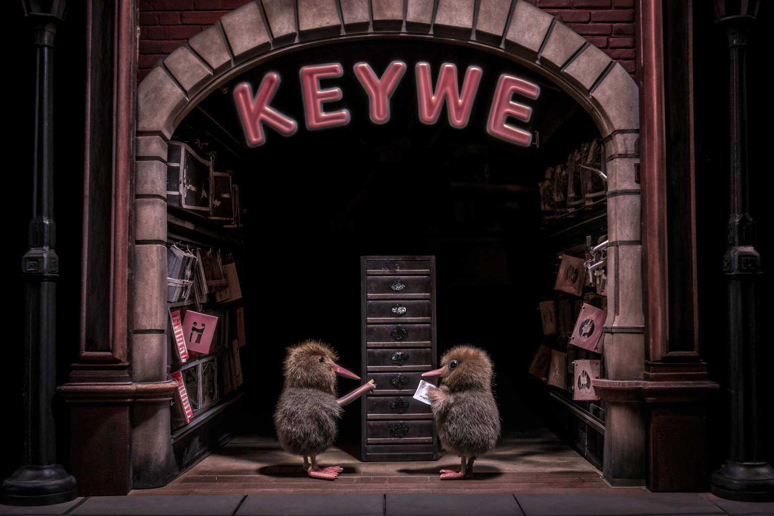 Ein Screenshot aus KeyWe, der die charmante Grafik und die niedlichen Kiwi-Vögel zeigt. KeyWe Spielszene