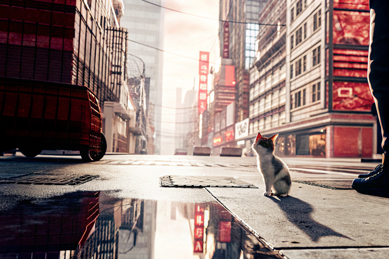 Ein Screenshot aus Stray, der die faszinierende Cyberstadt und die streunende Katze zeigt. Stray PS4 Spiel
