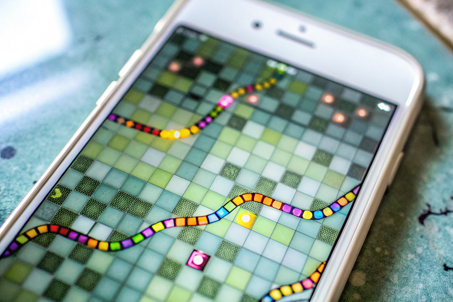 Ein Screenshot von Snake.io, das eine bunte Schlange zeigt, die Punkte frisst Snake.io Multiplayer-Spiel