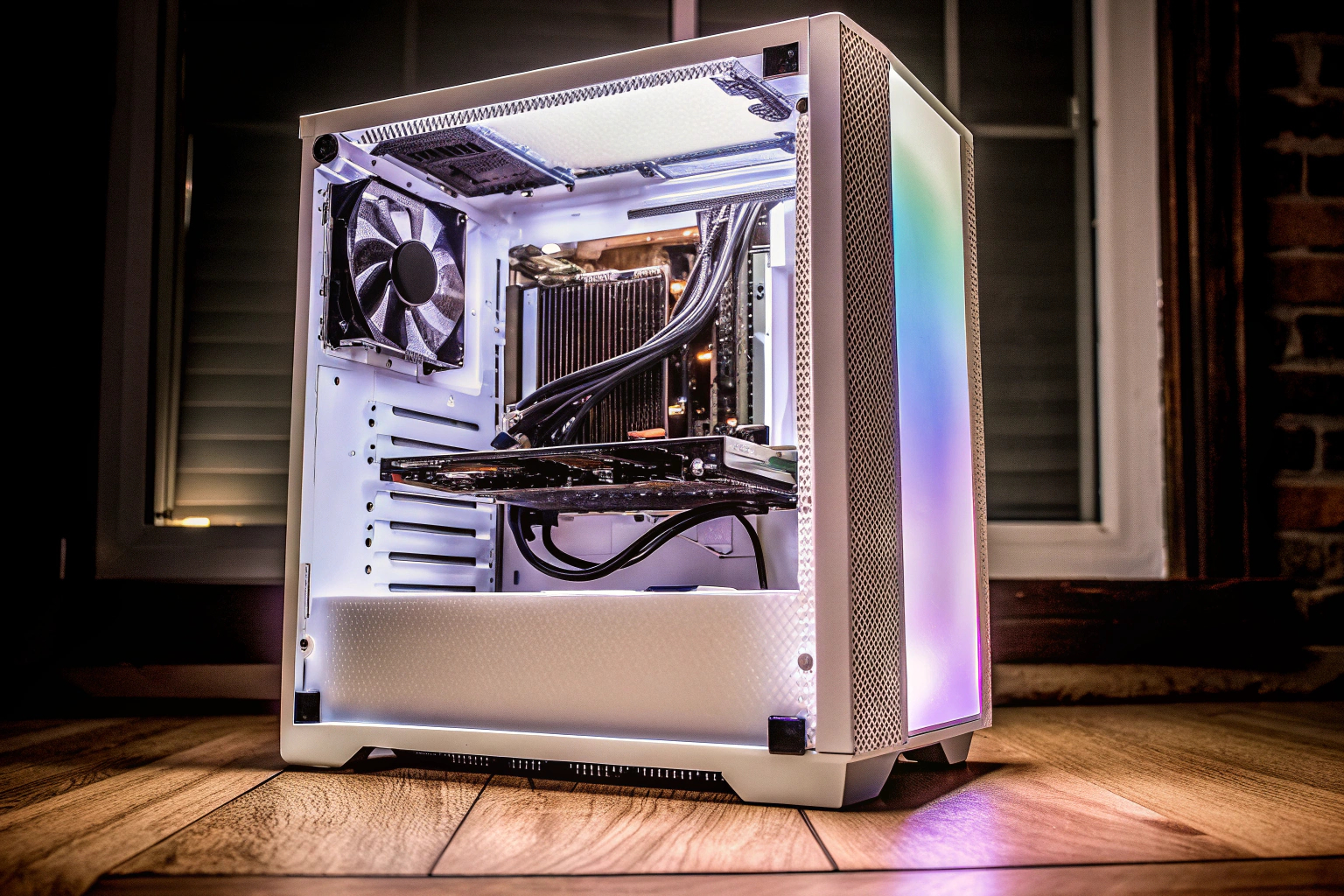 Ein selbstgebauter Gaming-PC mit leuchtenden RGB-LEDs und hochwertigen Komponenten. Selbstgebauter Gaming-PC