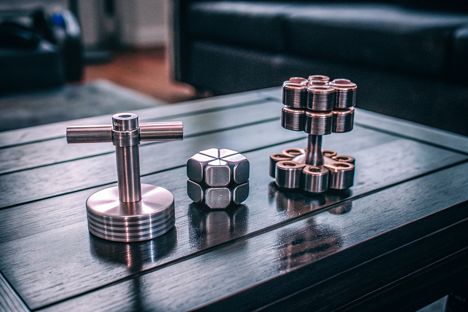 Ein Set aus metallischen Fidget Toys auf einem Tisch. Fidget Toys Metall