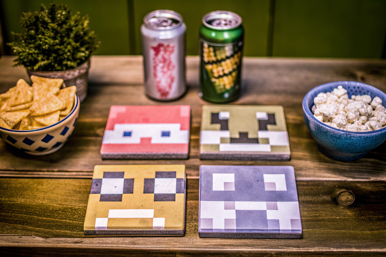 Ein Set von Retro-Untersetzern liegt auf einem Tisch, umgeben von Getränken und Snacks. Retro Gameboy Untersetzer
