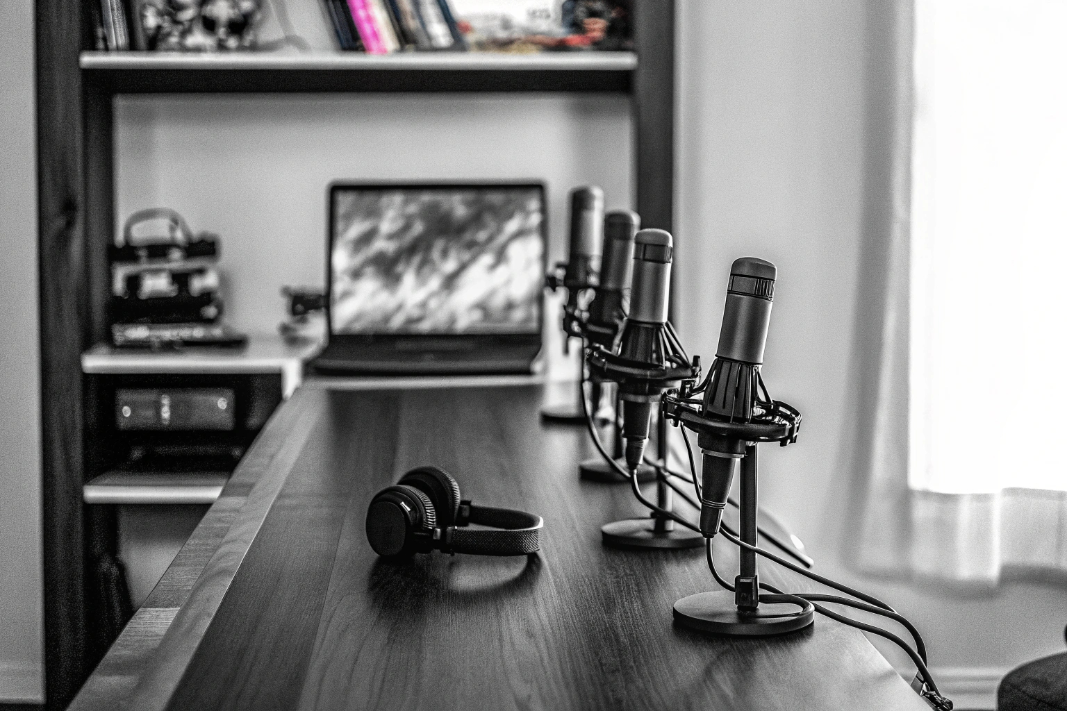 Ein Setup für die Aufnahme eines Gaming-Podcasts mit verschiedenen Mikrofonen und einem Laptop. Podcast-Aufnahme-Setup