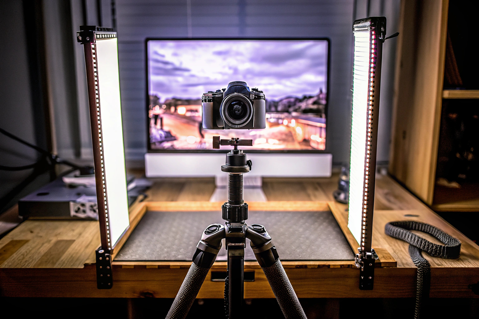 Ein Setup für Gaming-Fotografie mit Kamera, Beleuchtung und Monitor. Setup für Gaming-Fotografie