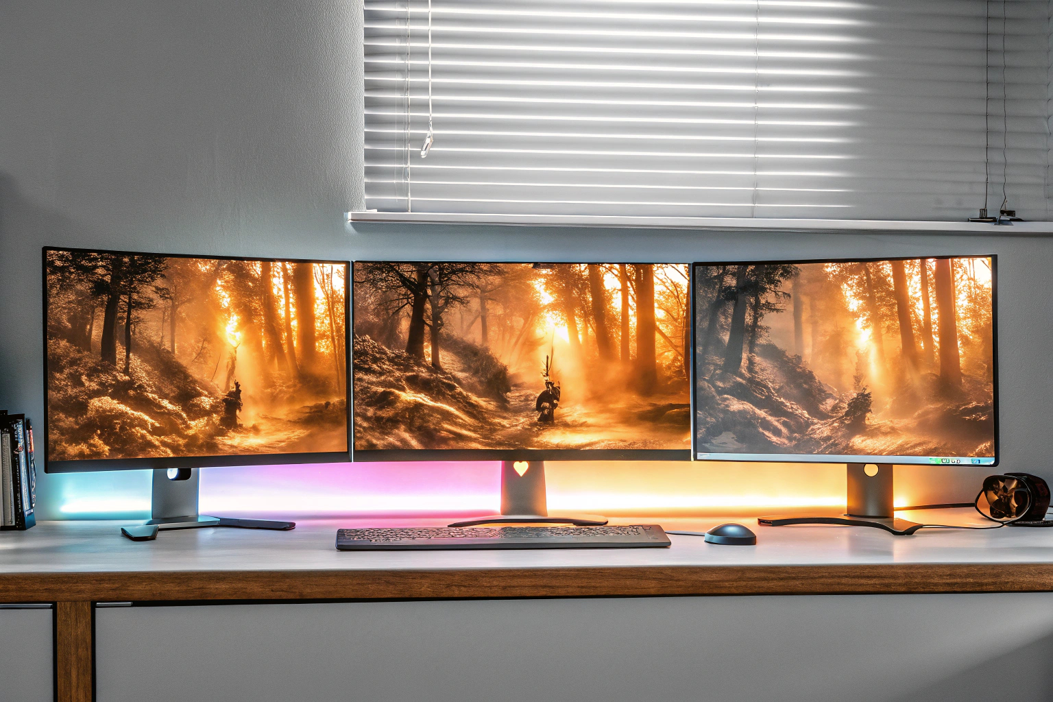 Ein Setup mit mehreren Monitoren, das Raytracing in Spielen zeigt Gaming-Setup mit Raytracing