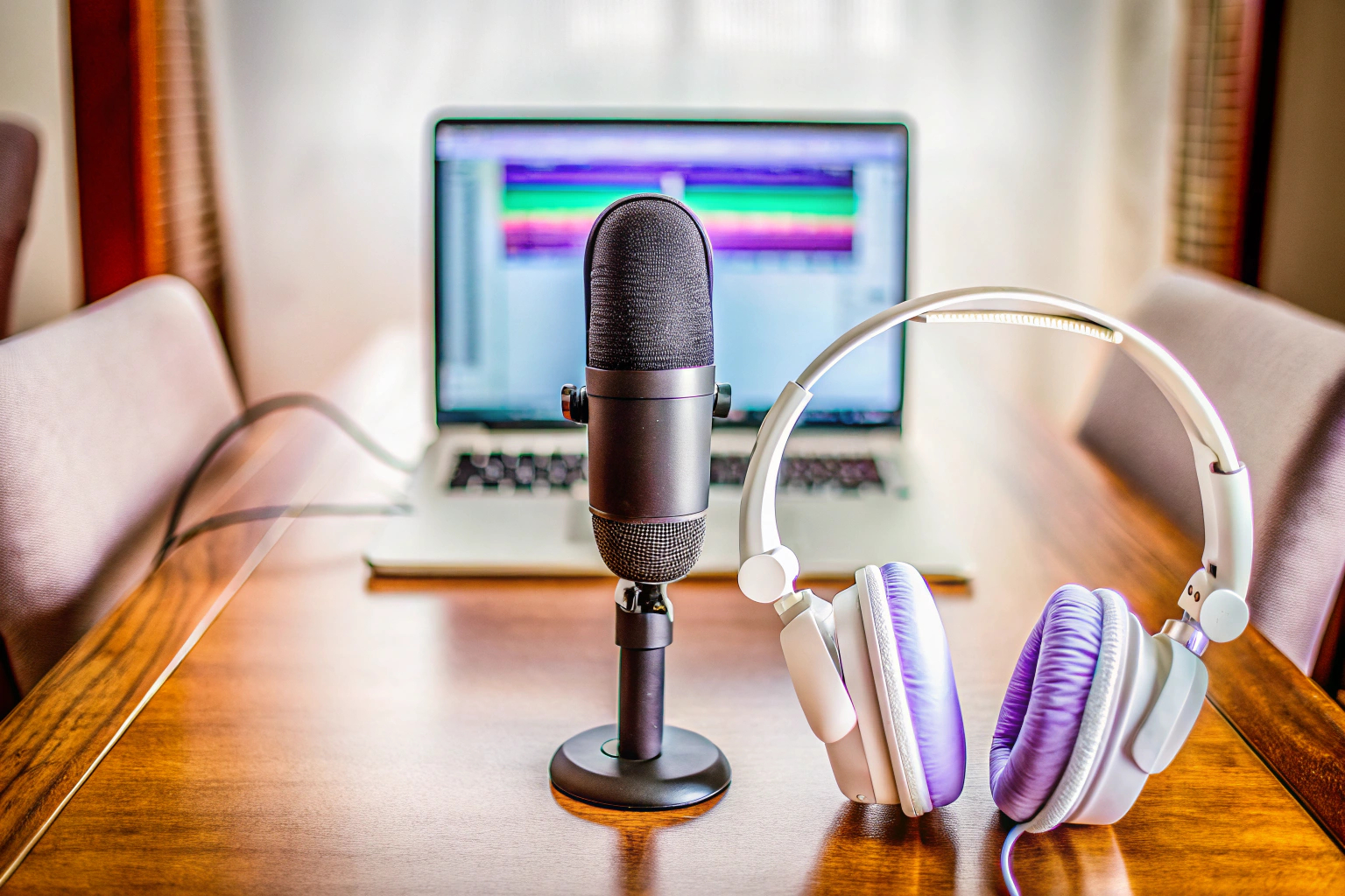Ein Setup mit Mikrofon, Kopfhörern und einem Laptop, bereit für die Podcast-Aufnahme. Podcast-Aufnahme-Setup