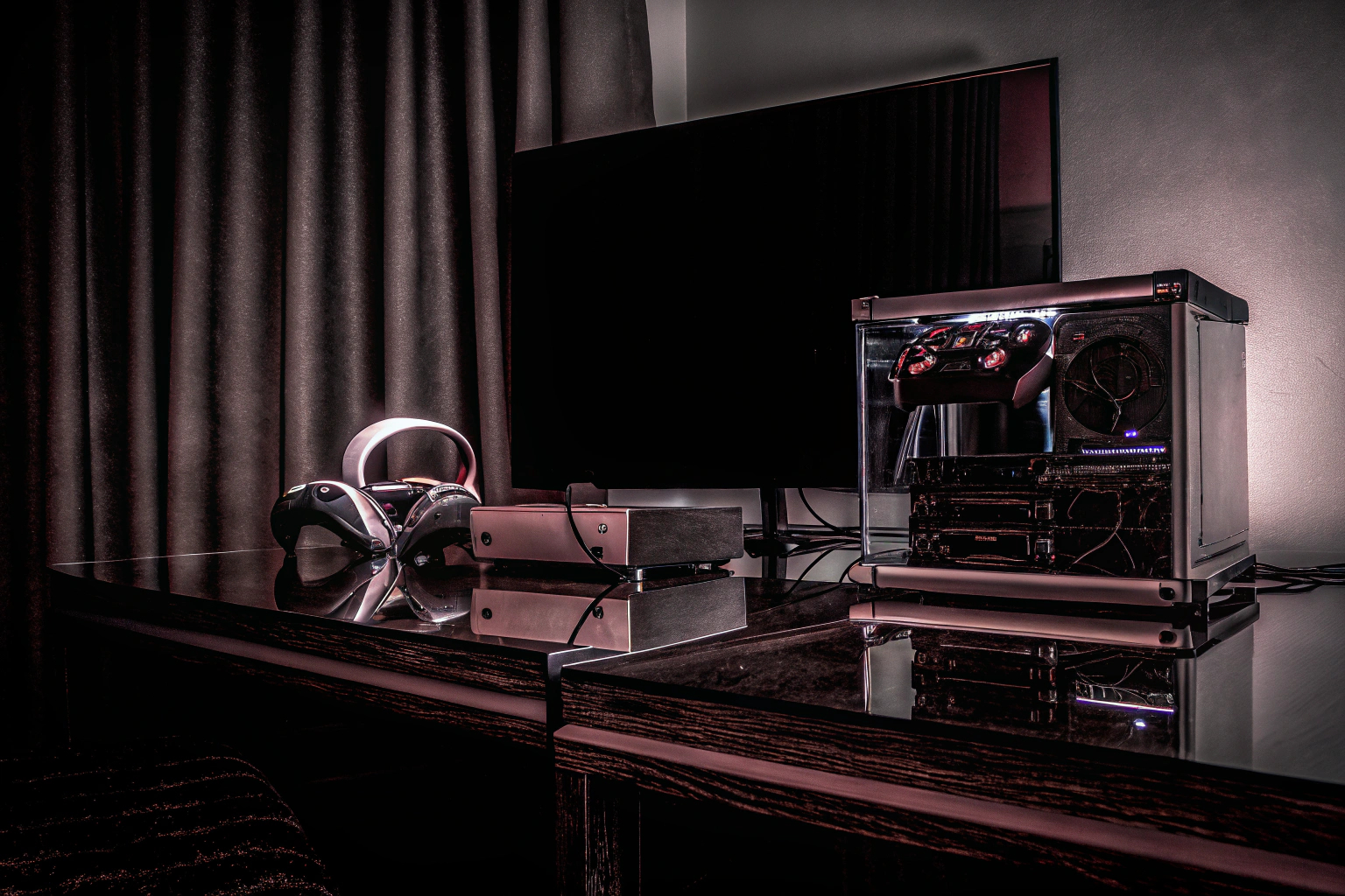 Ein Setup mit verschiedenen Gaming-Plattformen: Konsole, PC und VR-Headset. Gaming-Plattformen 2025