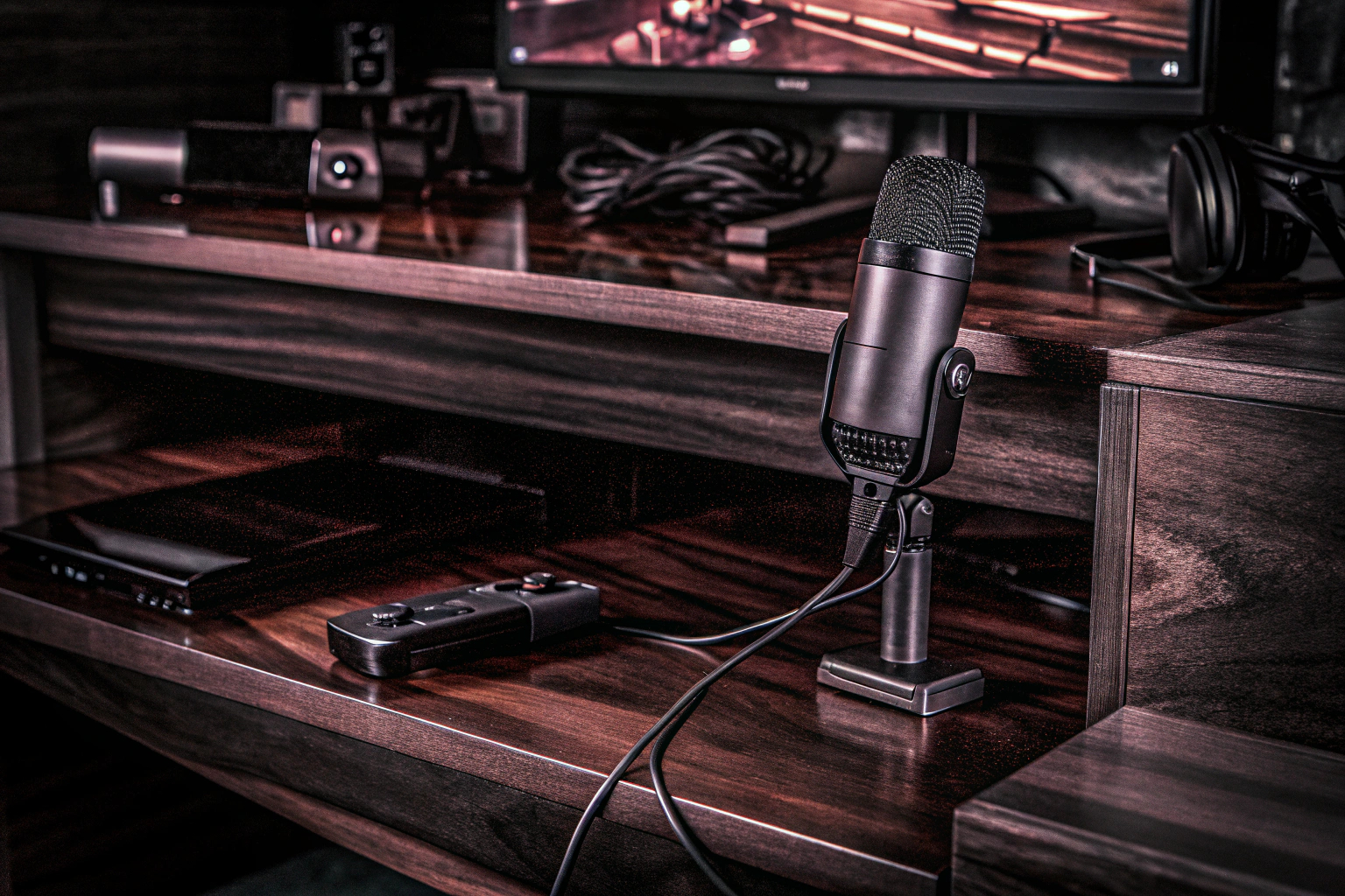 Ein Setup mit verschiedenen Tools für die Game-Trailer-Produktion, inklusive Mikrofonen und Capture Cards. Tools für Game-Trailer-Produktion
