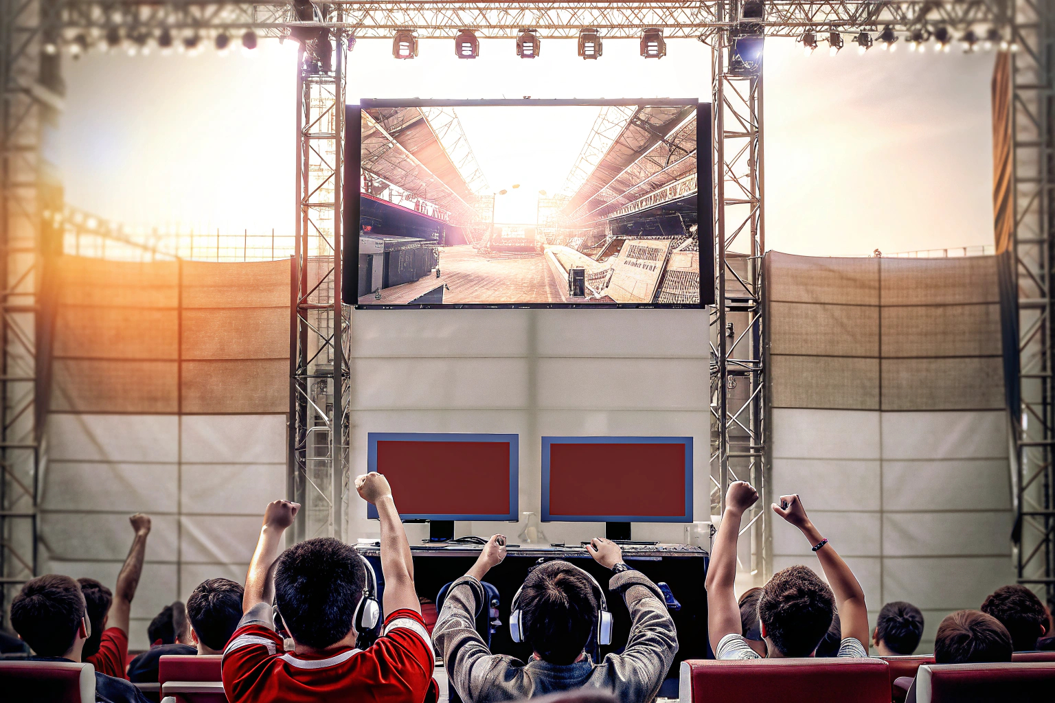 Ein spannender E-Sport-Wettbewerb mit vielen Zuschauern und Spielern auf der Bühne. E-Sport-Wettbewerb