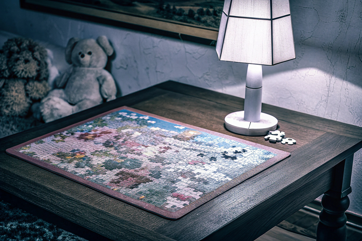 Ein spannendes Puzzlespiel, das auf einem Tisch ausgebreitet ist, umgeben von neugierigen Kindern. Kinder spielen Puzzles