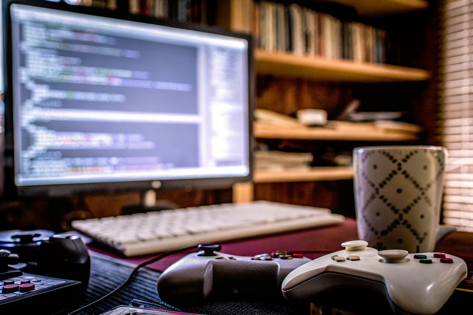 Ein Spieleentwickler, der an einem Computer arbeitet und Code auf einem Bildschirm betrachtet. Spieleentwickler bei der Arbeit